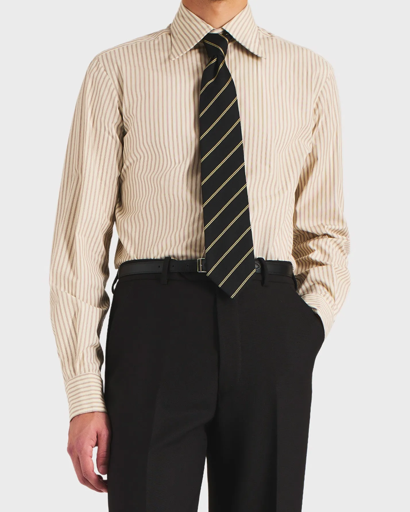 WIDE COLLAR SHIRT IN COTTON POPLIN – BEIGE STRIPES sold by Husbands Paris