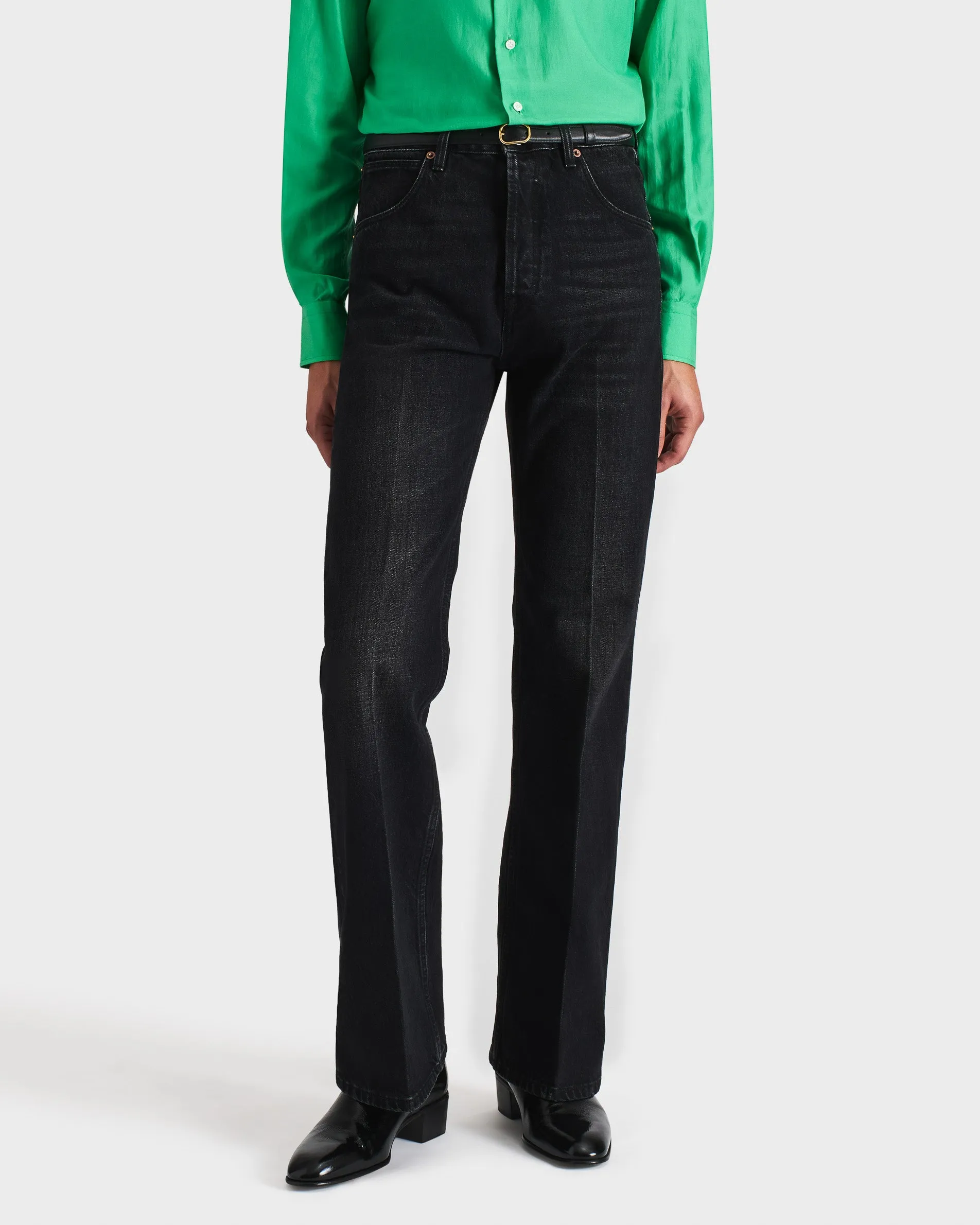 FLARED HIGH-WAISTED JEANS IN COTTON DENIM - WASHED BLACK sold by Husbands Paris