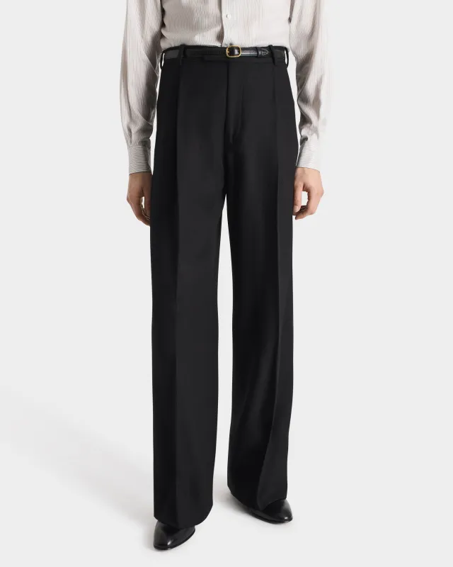 WIDE TROUSERS IN 4-PLY CAVALRY VIRGIN WOOL TWILL - BLACK HERRINGBONE sold by Husbands Paris