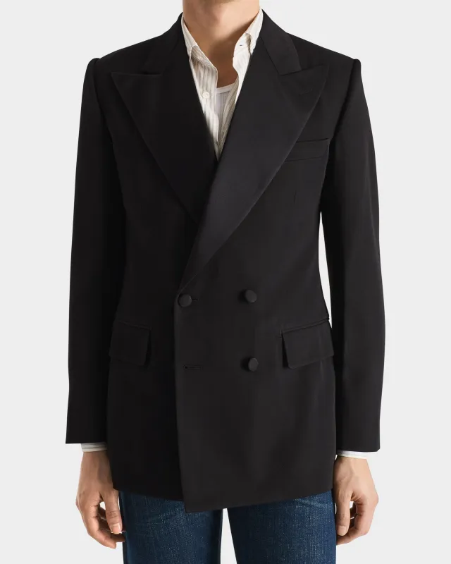 DOUBLE-BREASTED TUXEDO JACKET IN VISCOSE & VIRGIN WOOL - BLACK sold by Husbands Paris