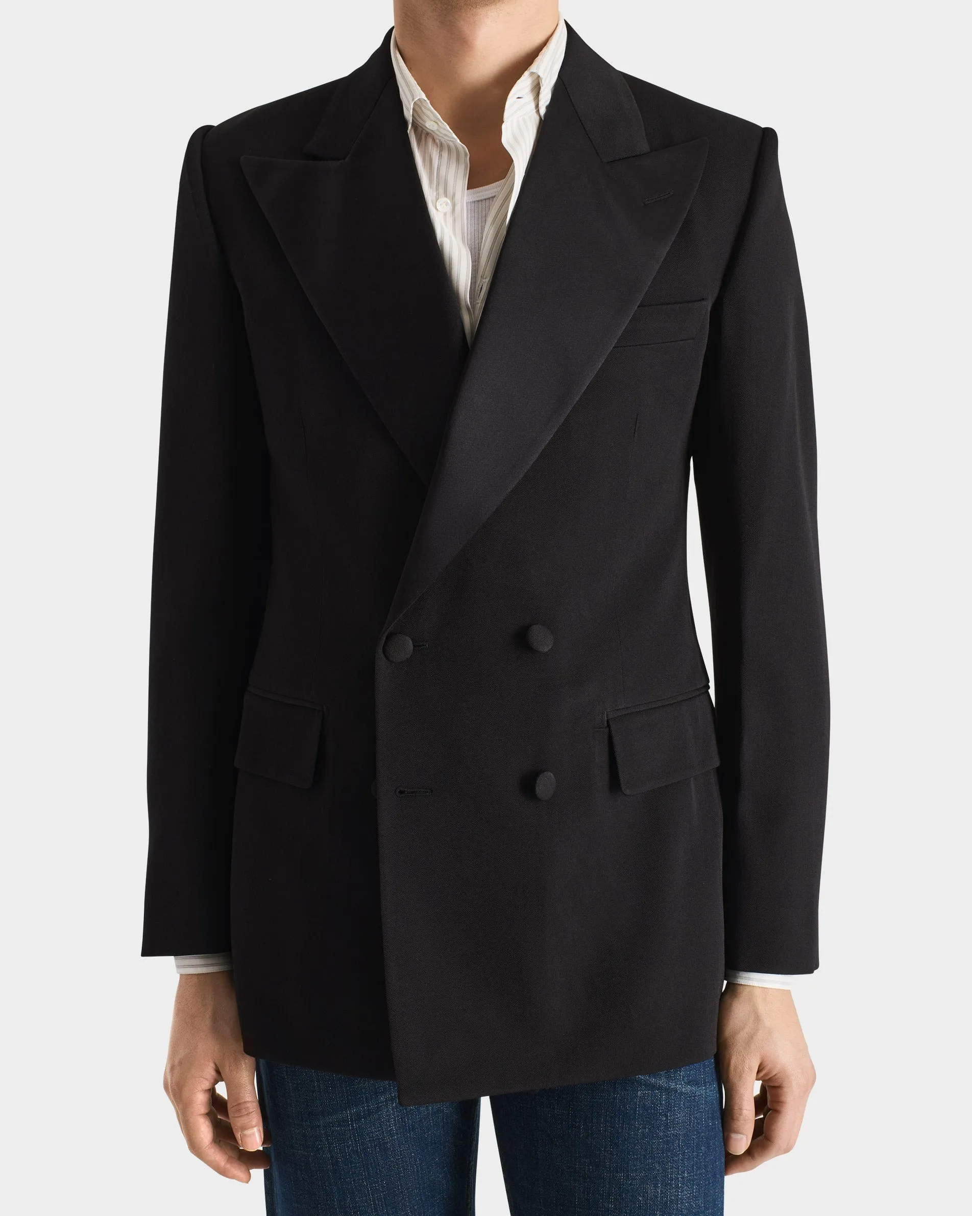 DOUBLE-BREASTED TUXEDO JACKET IN VISCOSE & VIRGIN WOOL - BLACK sold by Husbands Paris