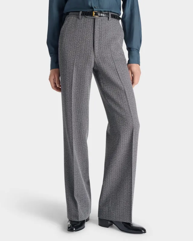 WIDE TROUSERS IN 4-PLY VIRGIN WOOL TWILL - GREY HERRINGBONE WITH STRIPES made by Husbands Paris