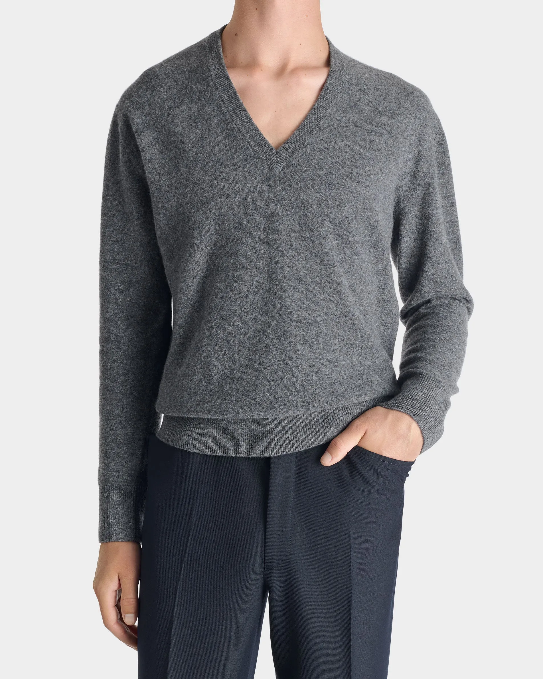 V-NECK SWEATER IN SUPERFINE LAMBSWOOL - GREY sold by Husbands Paris