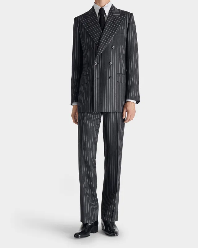 DOUBLE-BREASTED SUIT IN WOOL TWILL - GREY WITH WHITE CORD STRIPES made by Husbands Paris