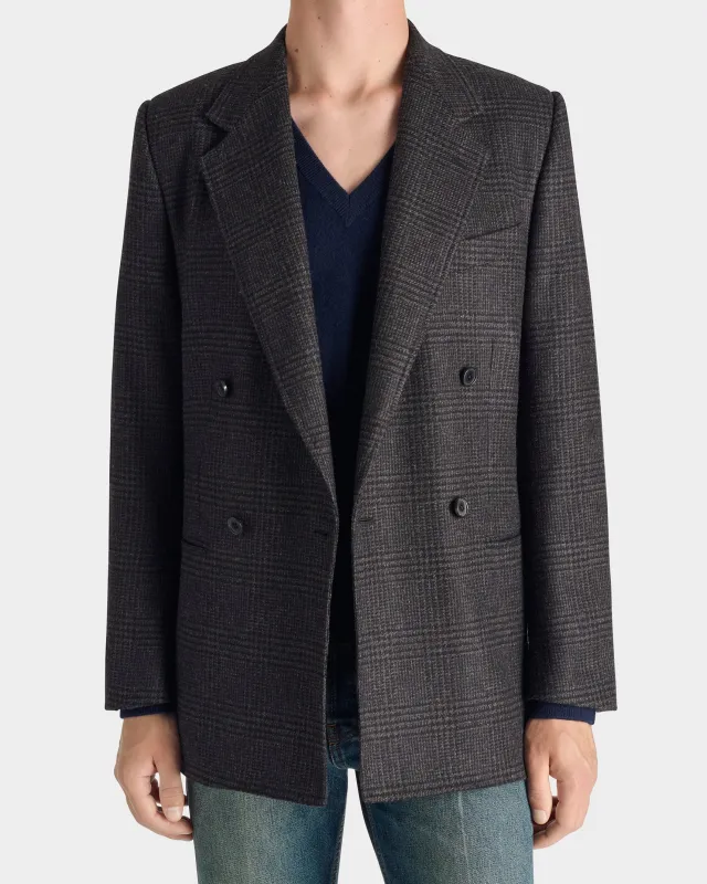 DOUBLE-BREASTED JACKET IN WOOL MERINO - BLACK & BROWN PRINCE OF WALES made by Husbands Paris