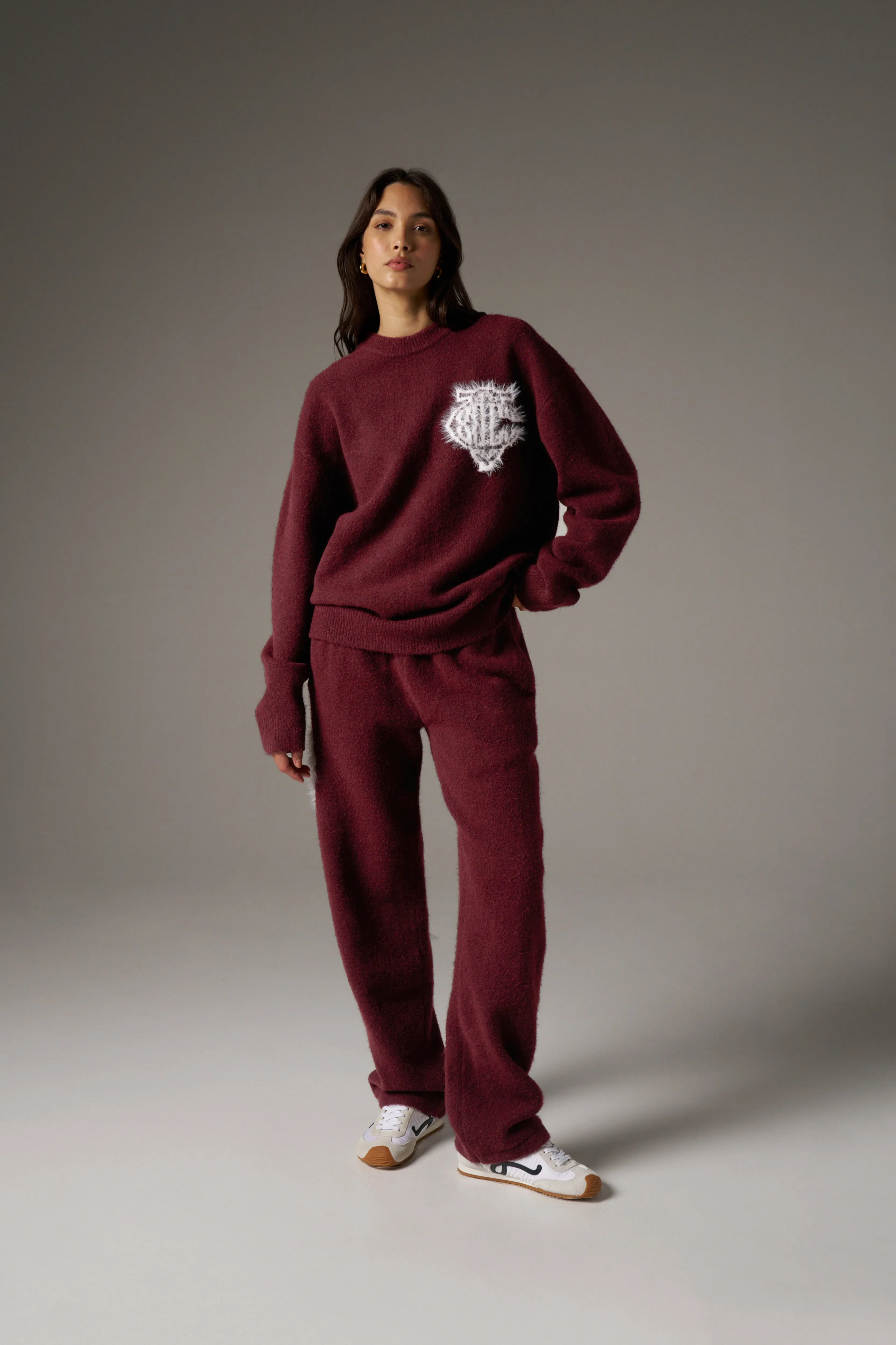 MONOGRAM FLUFFY KNIT JOGGERS - BURGUNDY sold by The Couture Club product image thumbnail 5