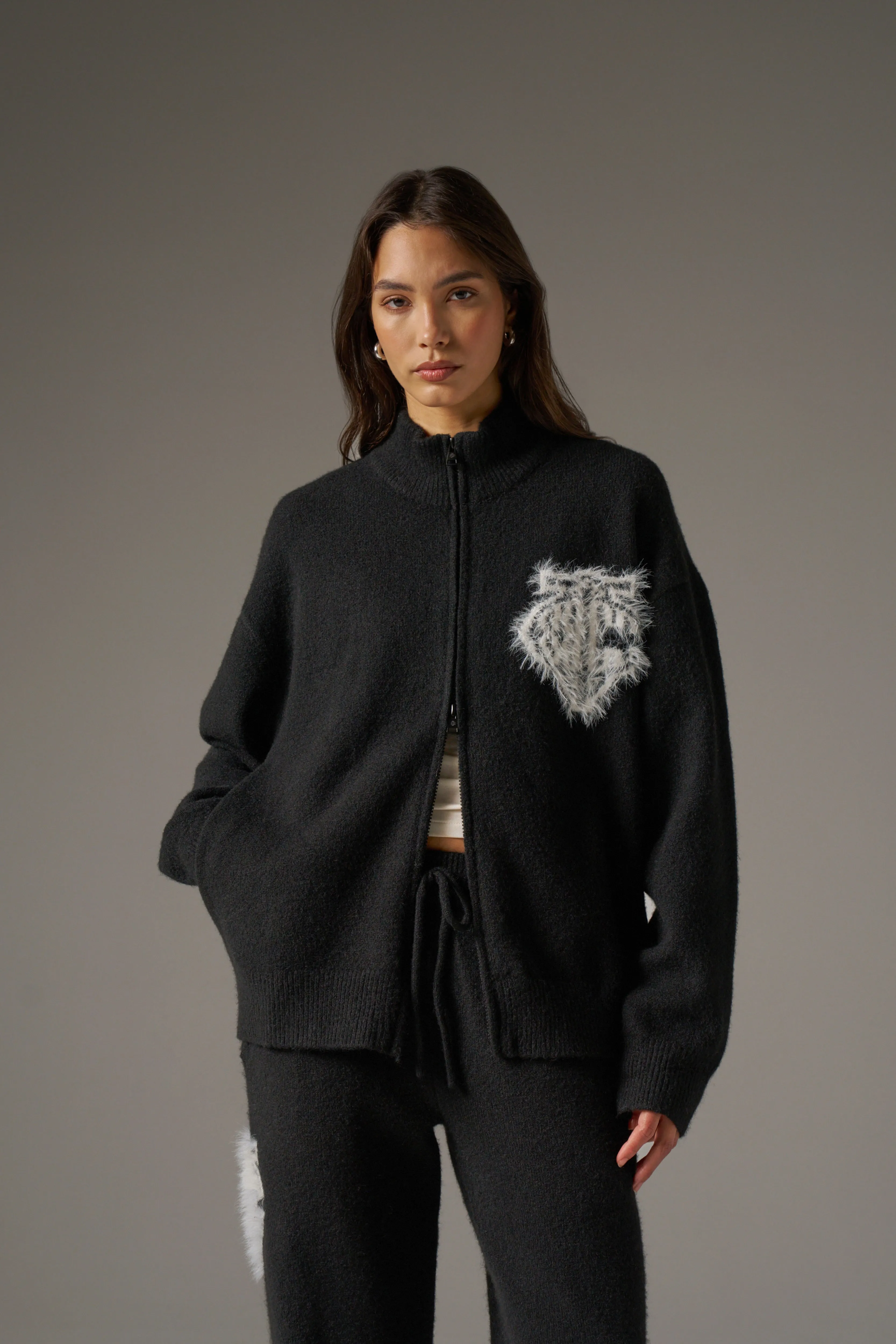 MONOGRAM FLUFFY KNIT ZIP THROUGH - BLACK sold by The Couture Club product image thumbnail 3