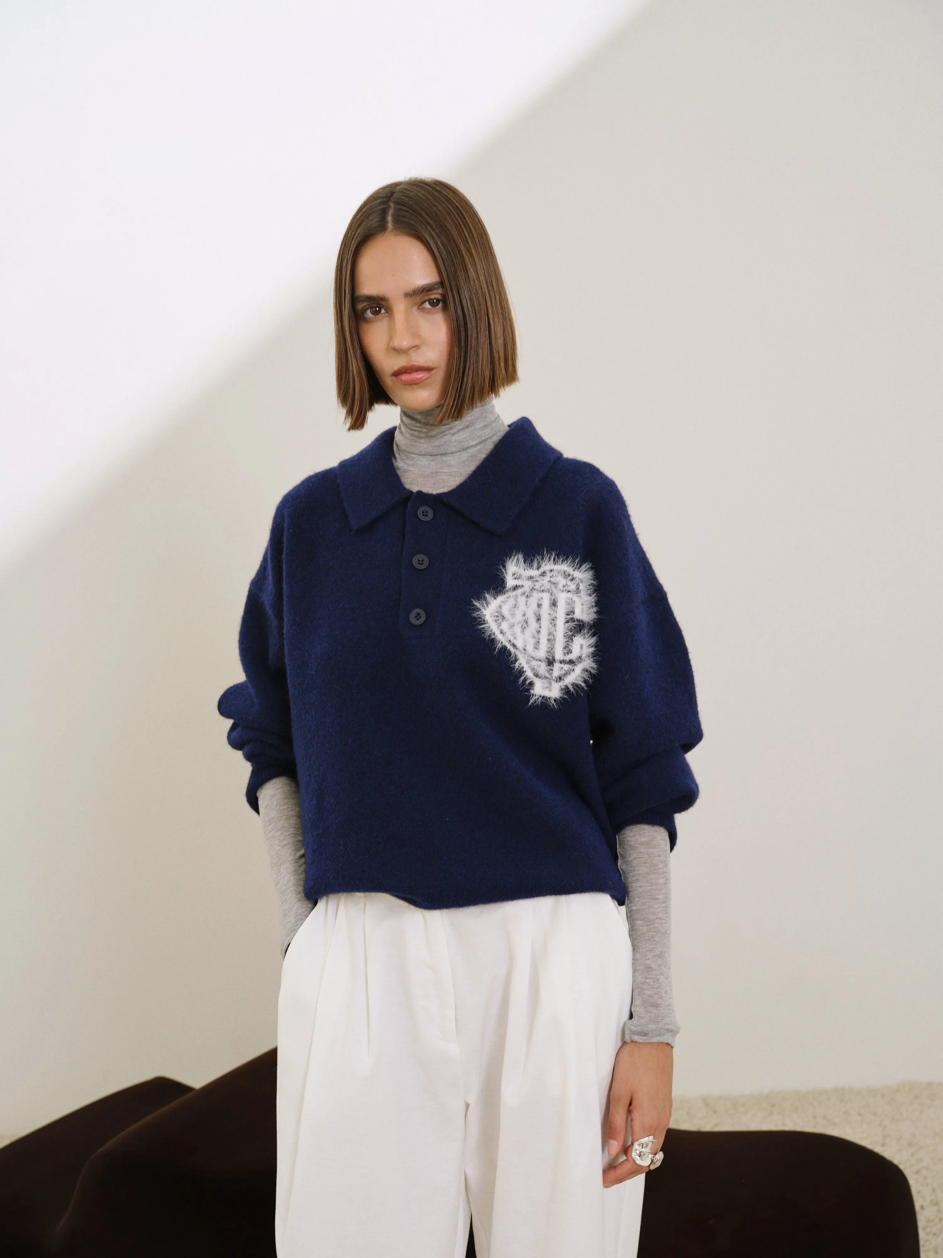 MONOGRAM FLUFFY KNIT POLO - NAVY sold by The Couture Club product image thumbnail 3