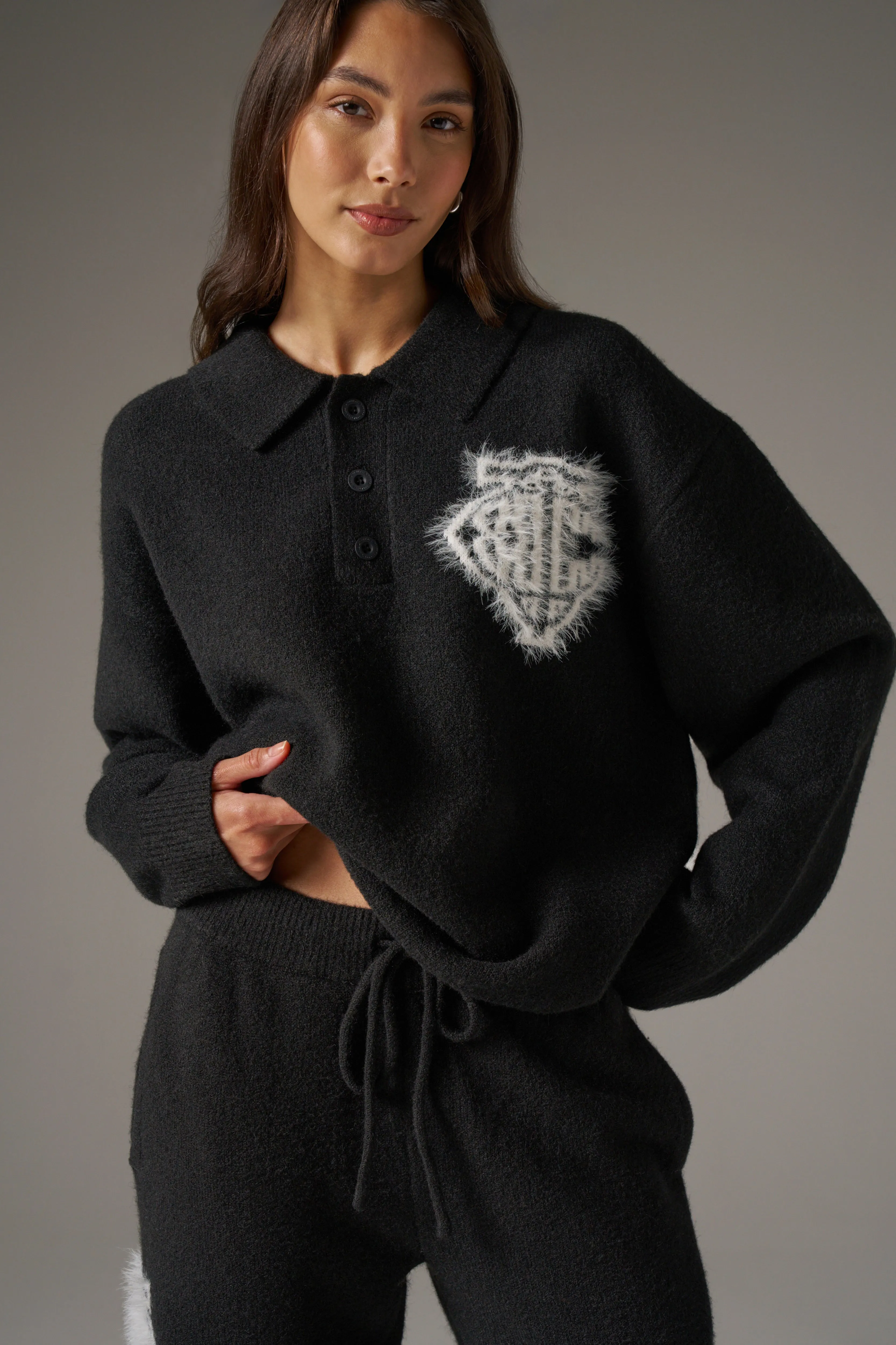 MONOGRAM FLUFFY KNIT POLO - BLACK sold by The Couture Club product image thumbnail 5