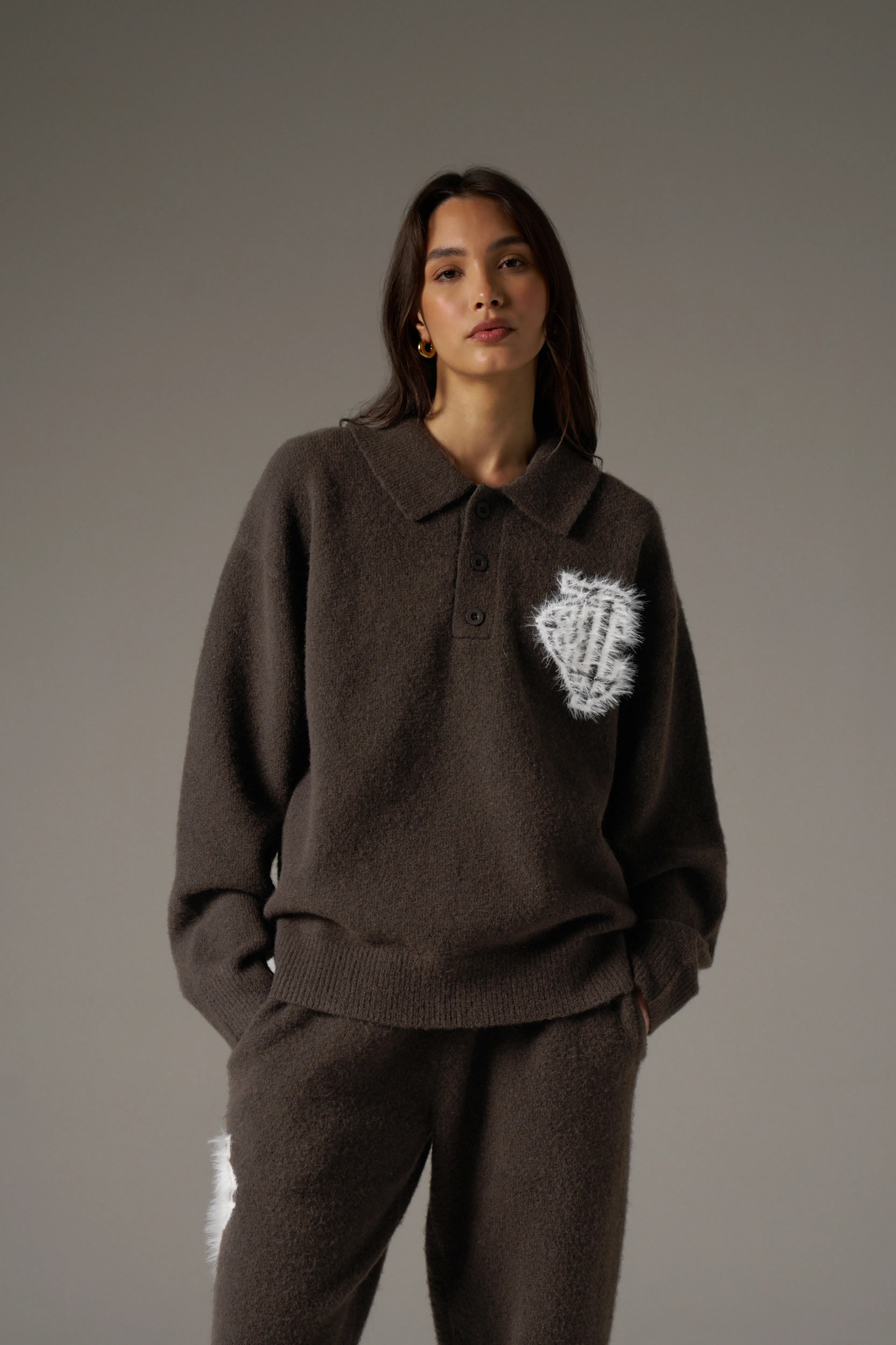 MONOGRAM FLUFFY KNIT POLO - BROWN sold by The Couture Club product image thumbnail 3