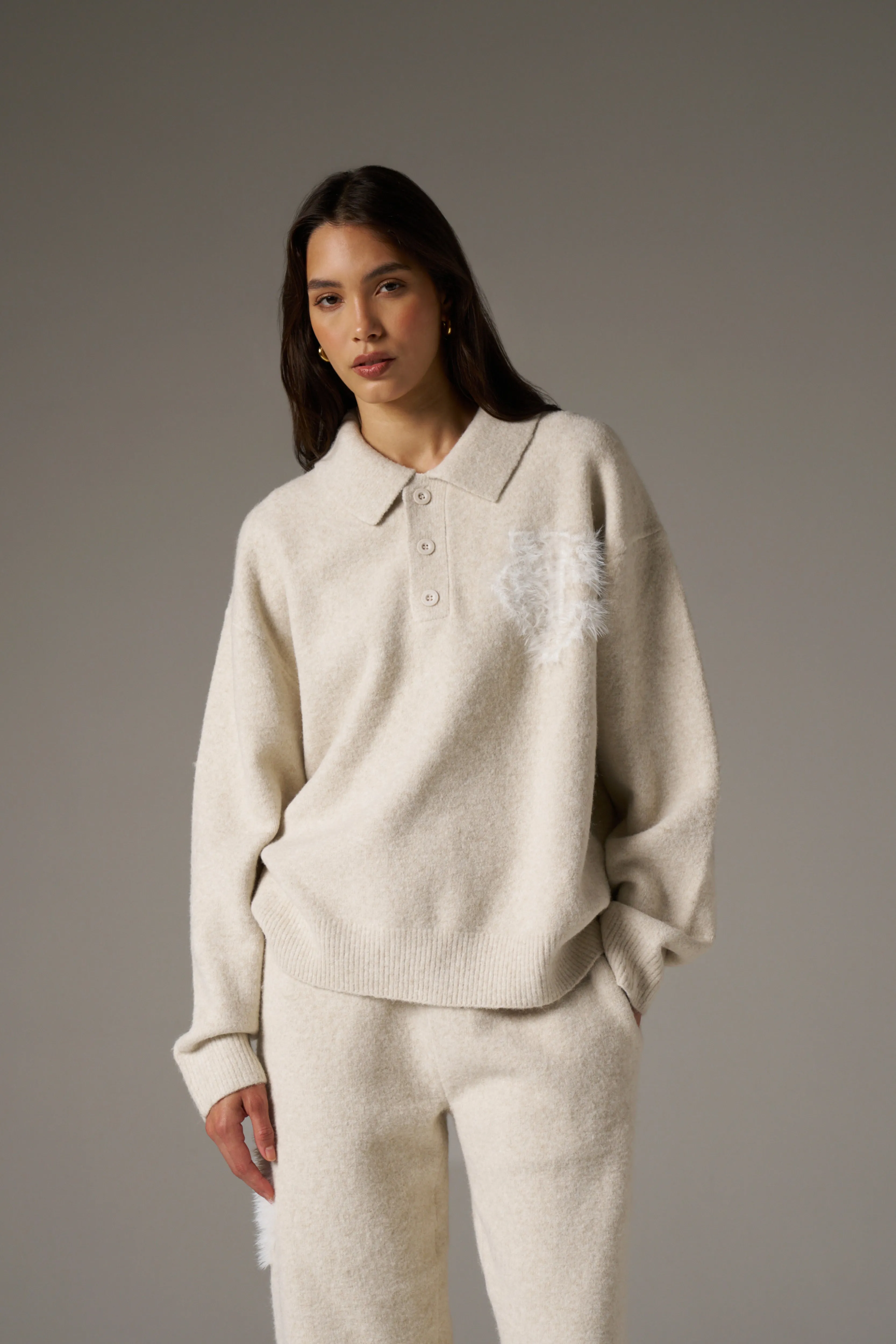 MONOGRAM FLUFFY KNIT POLO - BEIGE sold by The Couture Club product image thumbnail 3