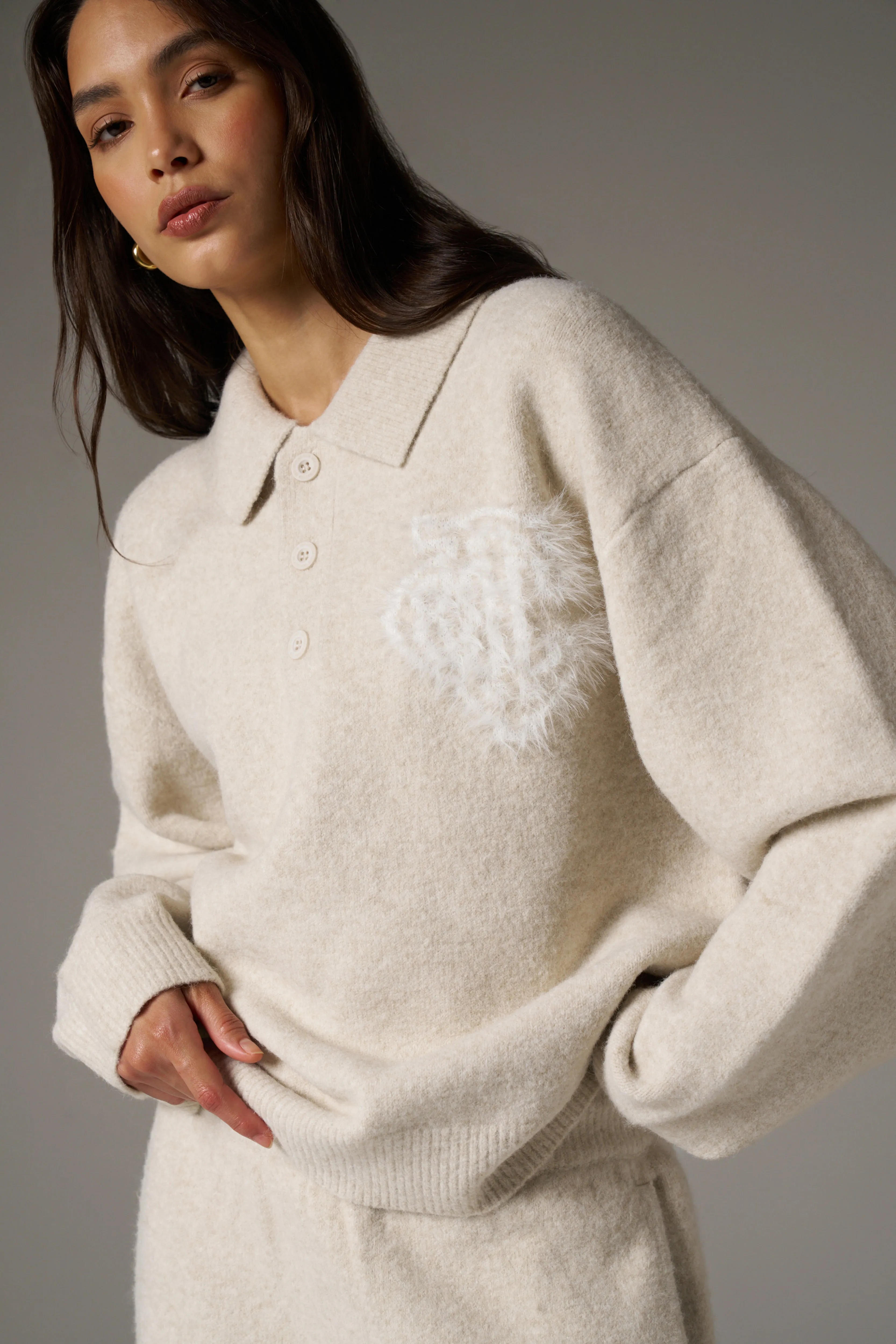 MONOGRAM FLUFFY KNIT POLO - BEIGE sold by The Couture Club product image thumbnail 5