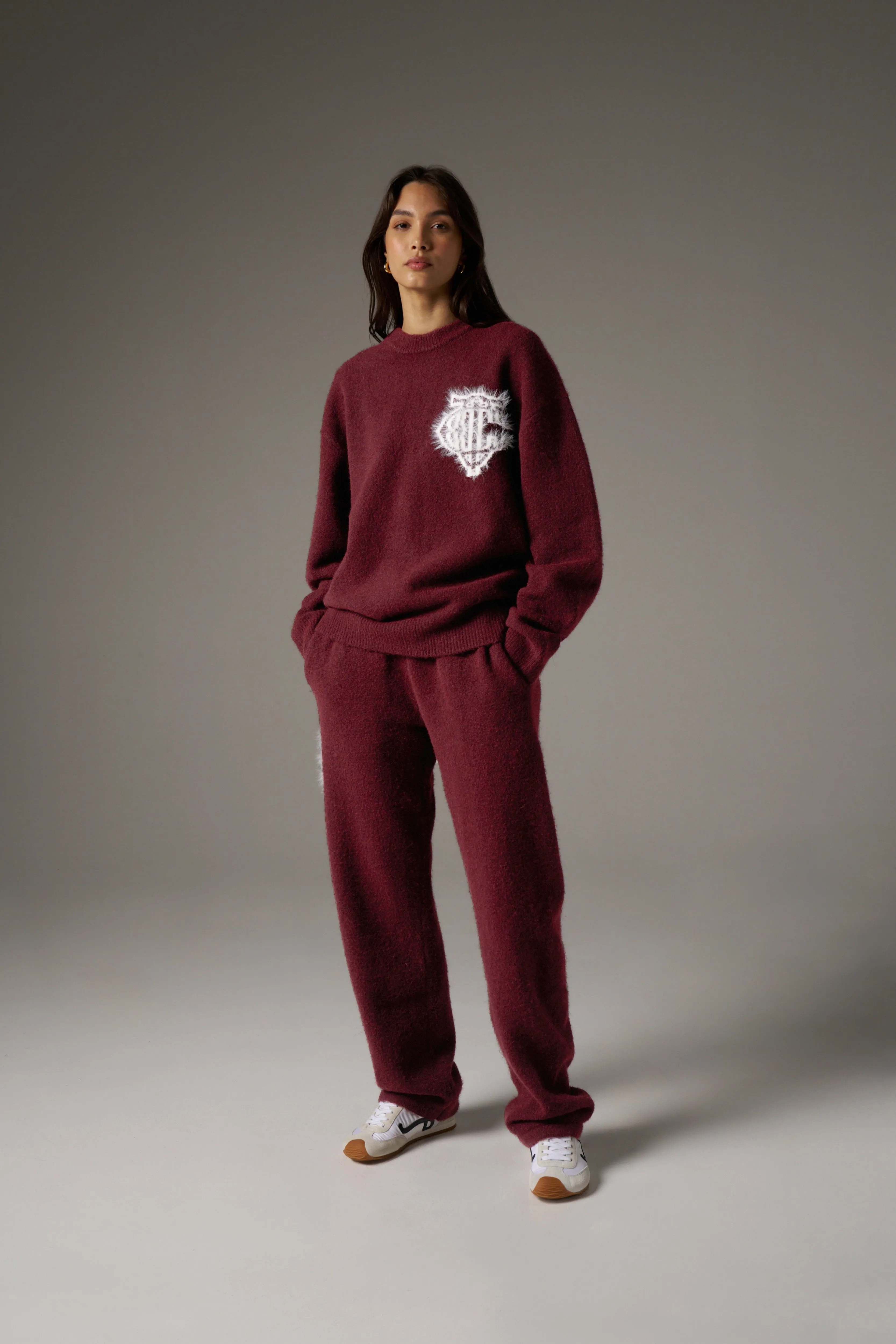 MONOGRAM FLUFFY KNIT CREW - BURGUNDY sold by The Couture Club product image thumbnail 5