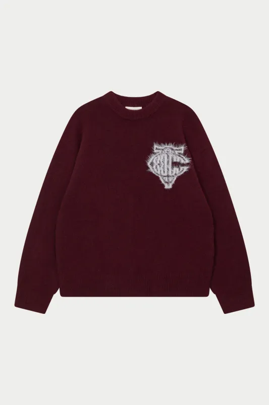 MONOGRAM FLUFFY KNIT CREW - BURGUNDY sold by The Couture Club