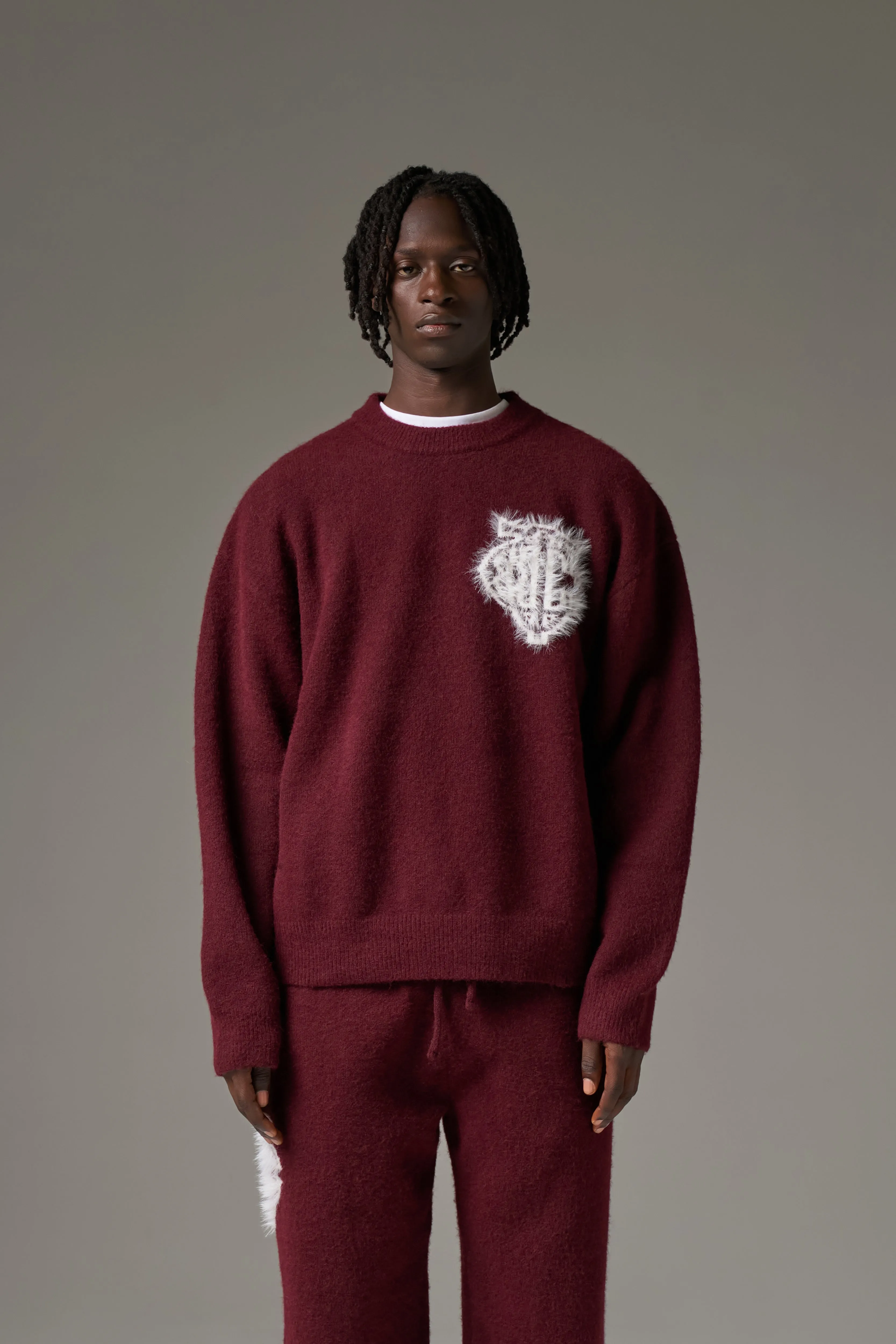 MONOGRAM FLUFFY KNIT CREW - BURGUNDY sold by The Couture Club product image thumbnail 2