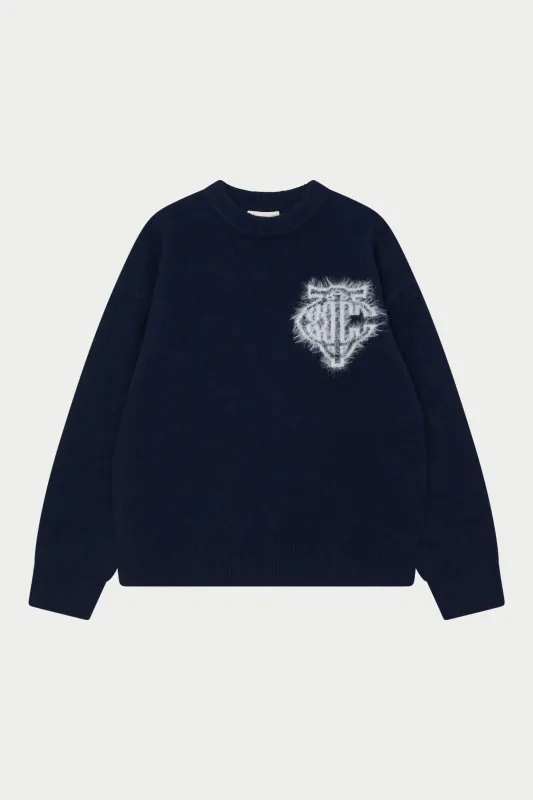 MONOGRAM FLUFFY KNIT CREW - NAVY sold by The Couture Club
