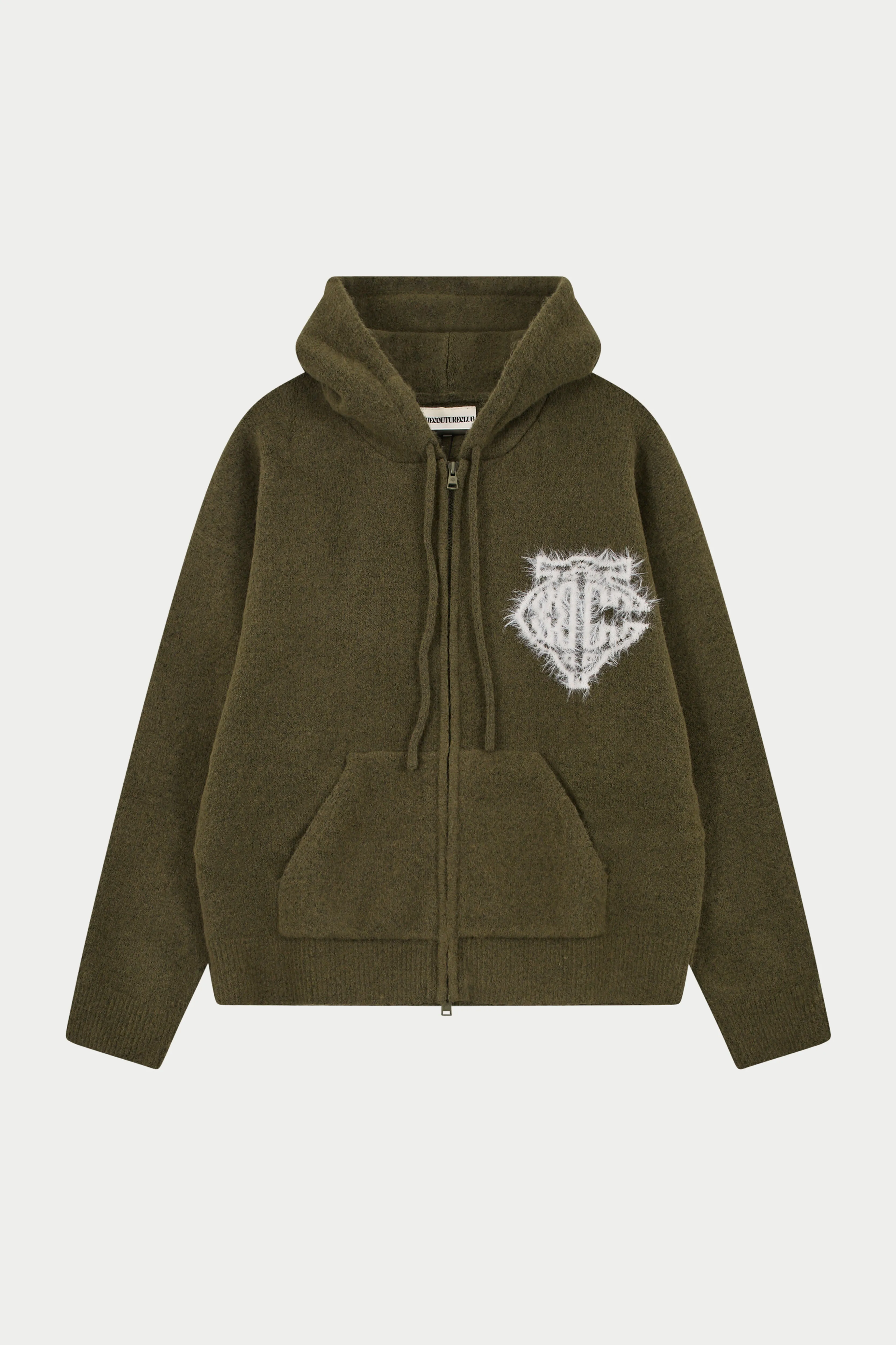 MONOGRAM FLUFFY KNIT ZIP THROUGH HOODIE - KHAKI sold by The Couture Club