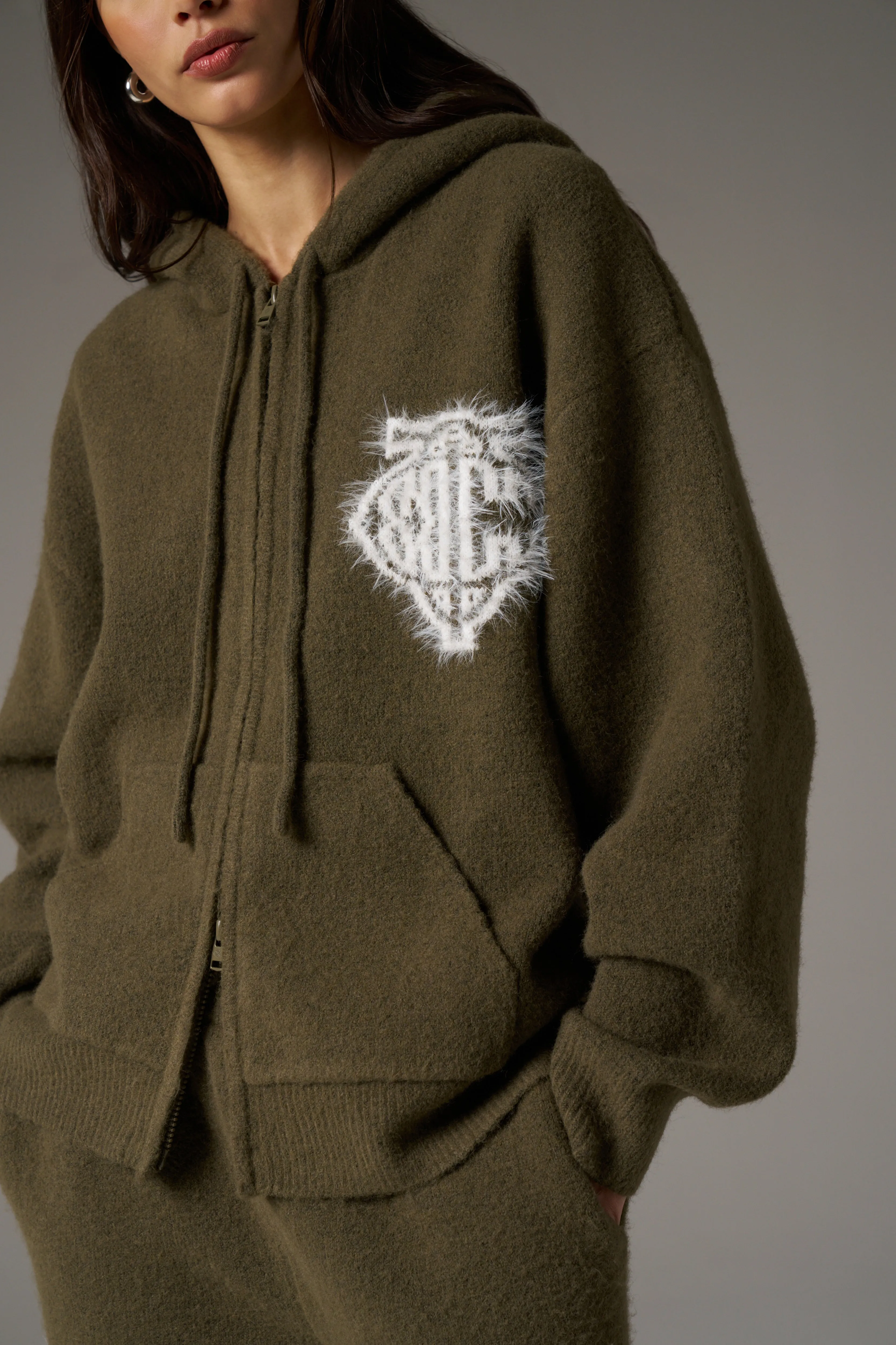 MONOGRAM FLUFFY KNIT ZIP THROUGH HOODIE - KHAKI sold by The Couture Club product image thumbnail 5