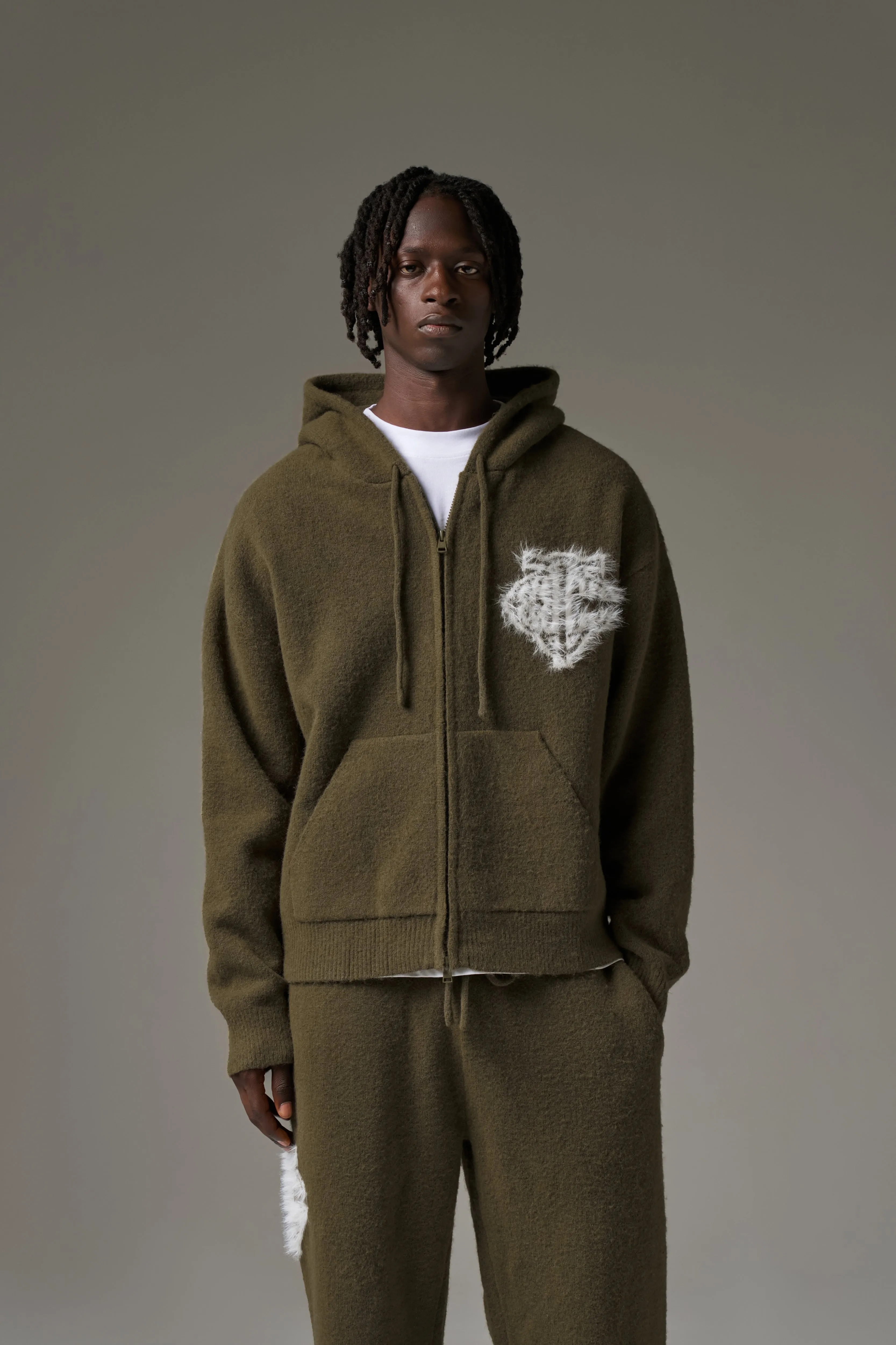 MONOGRAM FLUFFY KNIT ZIP THROUGH HOODIE - KHAKI sold by The Couture Club product image thumbnail 2