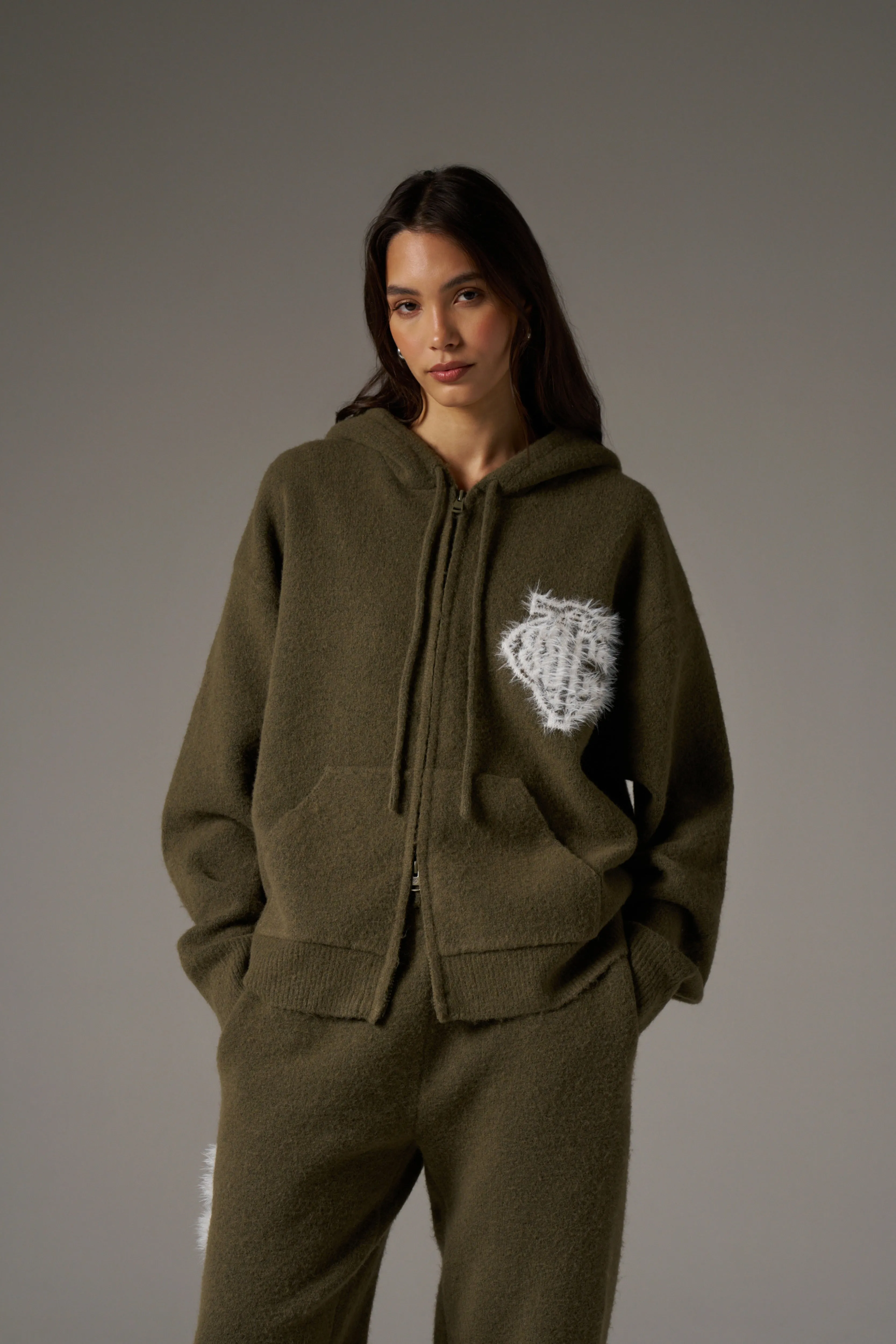 MONOGRAM FLUFFY KNIT ZIP THROUGH HOODIE - KHAKI sold by The Couture Club product image thumbnail 3