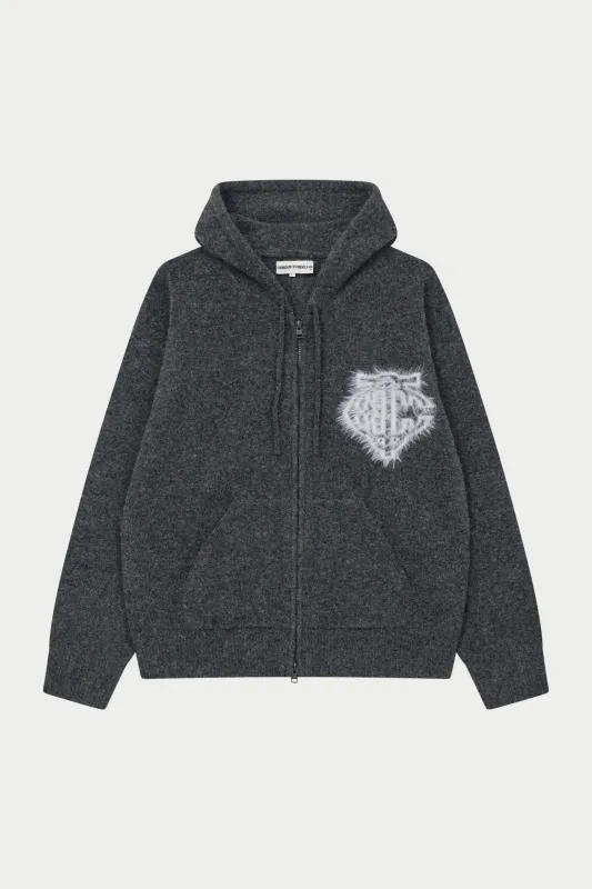 MONOGRAM FLUFFY KNIT ZIP THROUGH HOODIE - CHARCOAL sold by The Couture Club