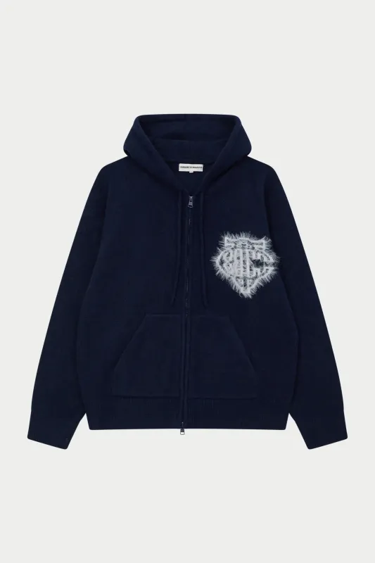 MONOGRAM FLUFFY KNIT ZIP THROUGH HOODIE - NAVY sold by The Couture Club