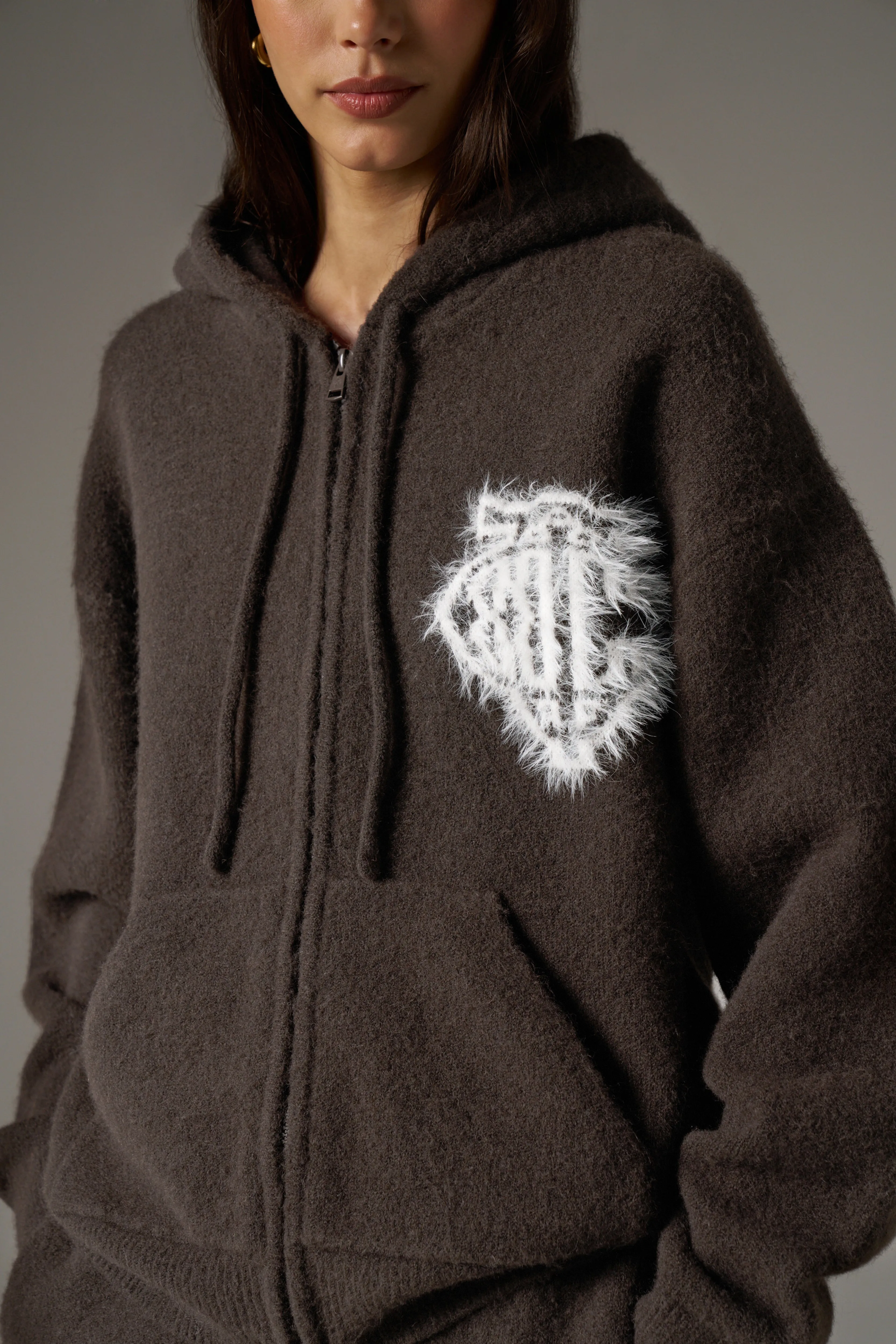 MONOGRAM FLUFFY KNIT ZIP THROUGH HOODIE - BROWN sold by The Couture Club product image thumbnail 5