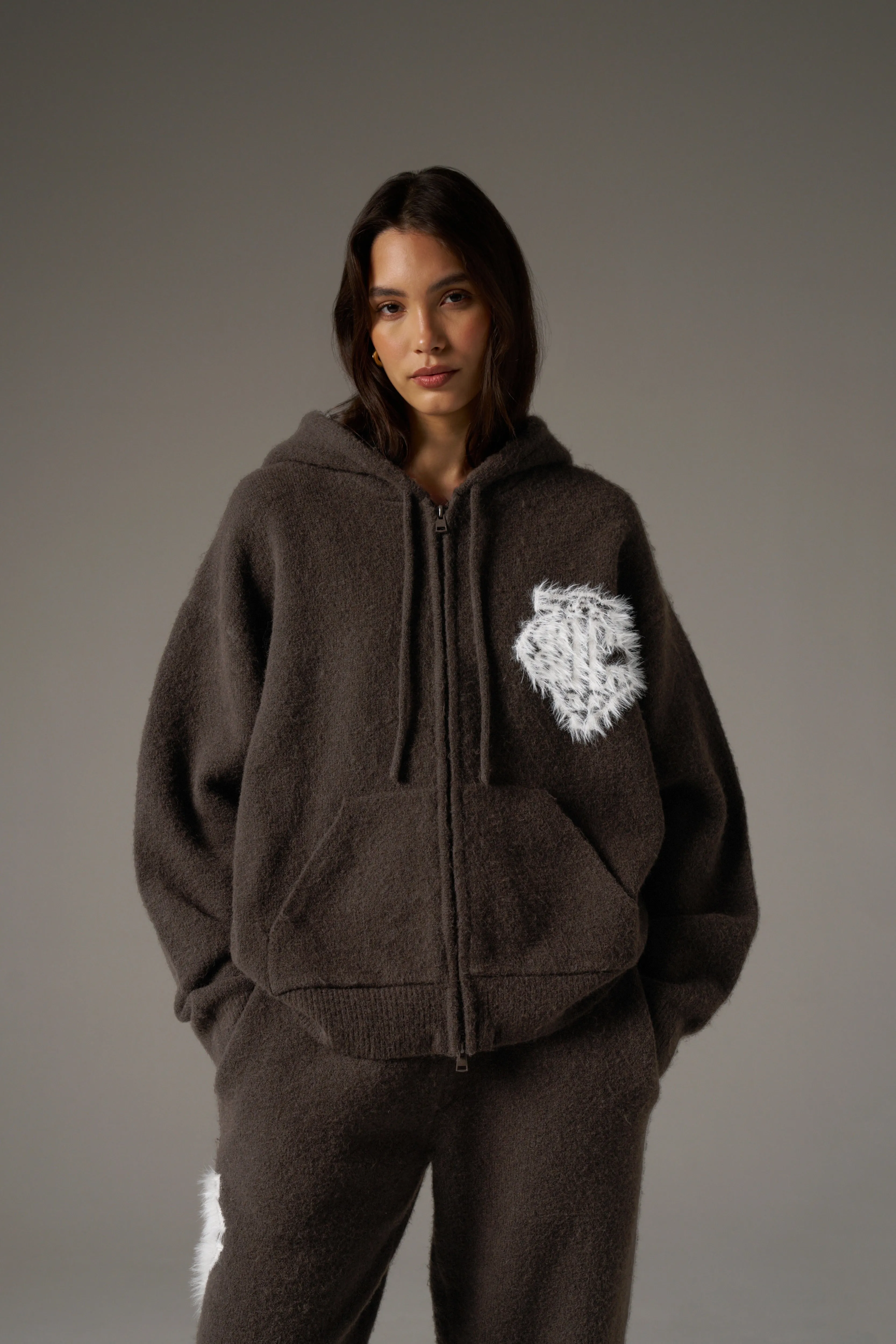 MONOGRAM FLUFFY KNIT ZIP THROUGH HOODIE - BROWN sold by The Couture Club product image thumbnail 3