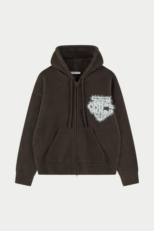 MONOGRAM FLUFFY KNIT ZIP THROUGH HOODIE - BROWN sold by The Couture Club