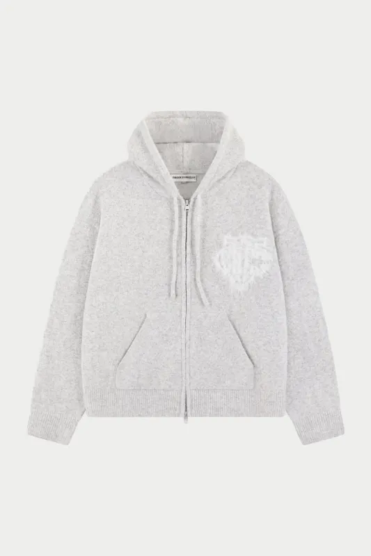 MONOGRAM FLUFFY KNIT ZIP THROUGH HOODIE - GREY MARL sold by The Couture Club