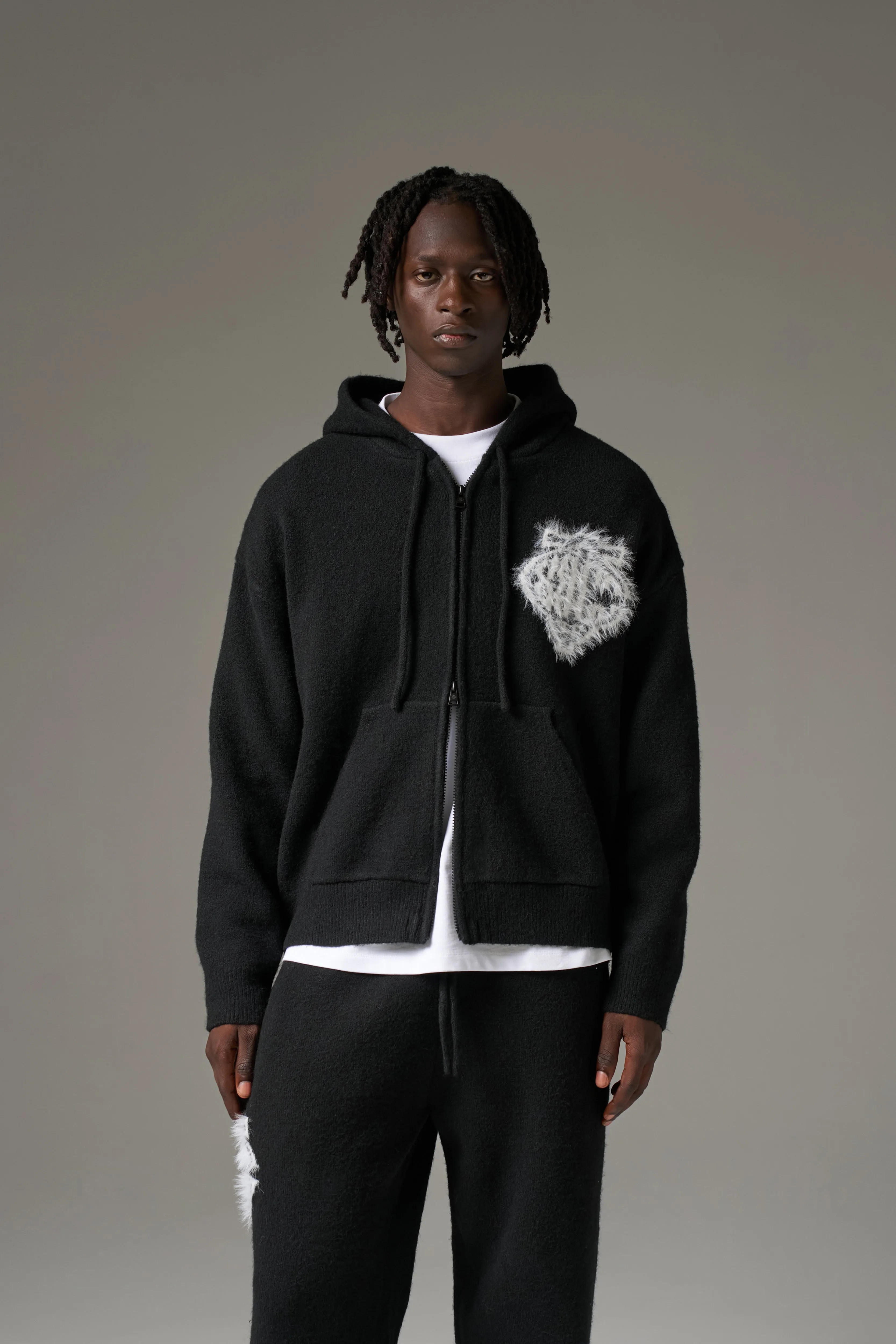 MONOGRAM FLUFFY KNIT ZIP THROUGH HOODIE - BLACK sold by The Couture Club product image thumbnail 2