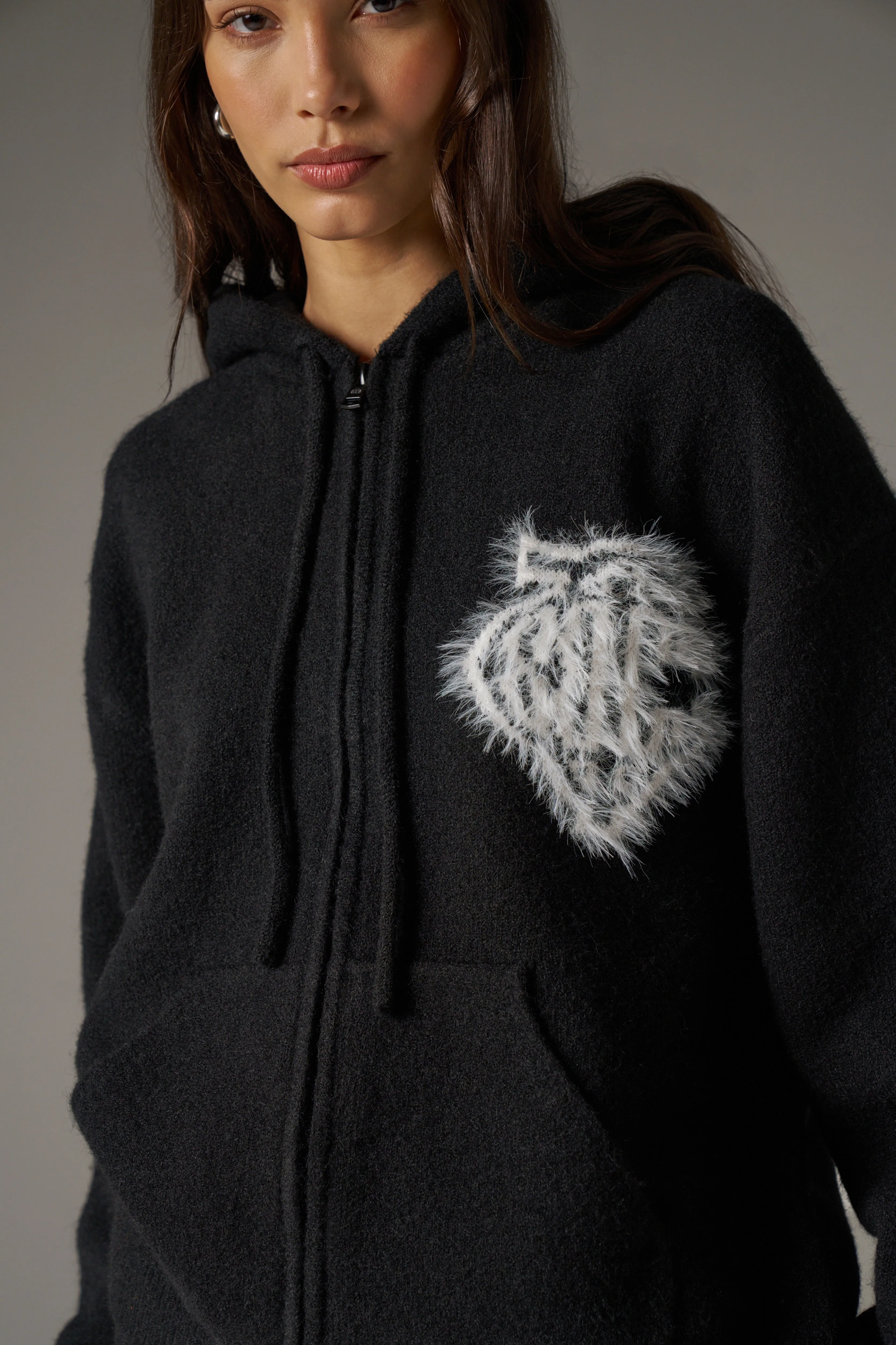 MONOGRAM FLUFFY KNIT ZIP THROUGH HOODIE - BLACK sold by The Couture Club product image thumbnail 5