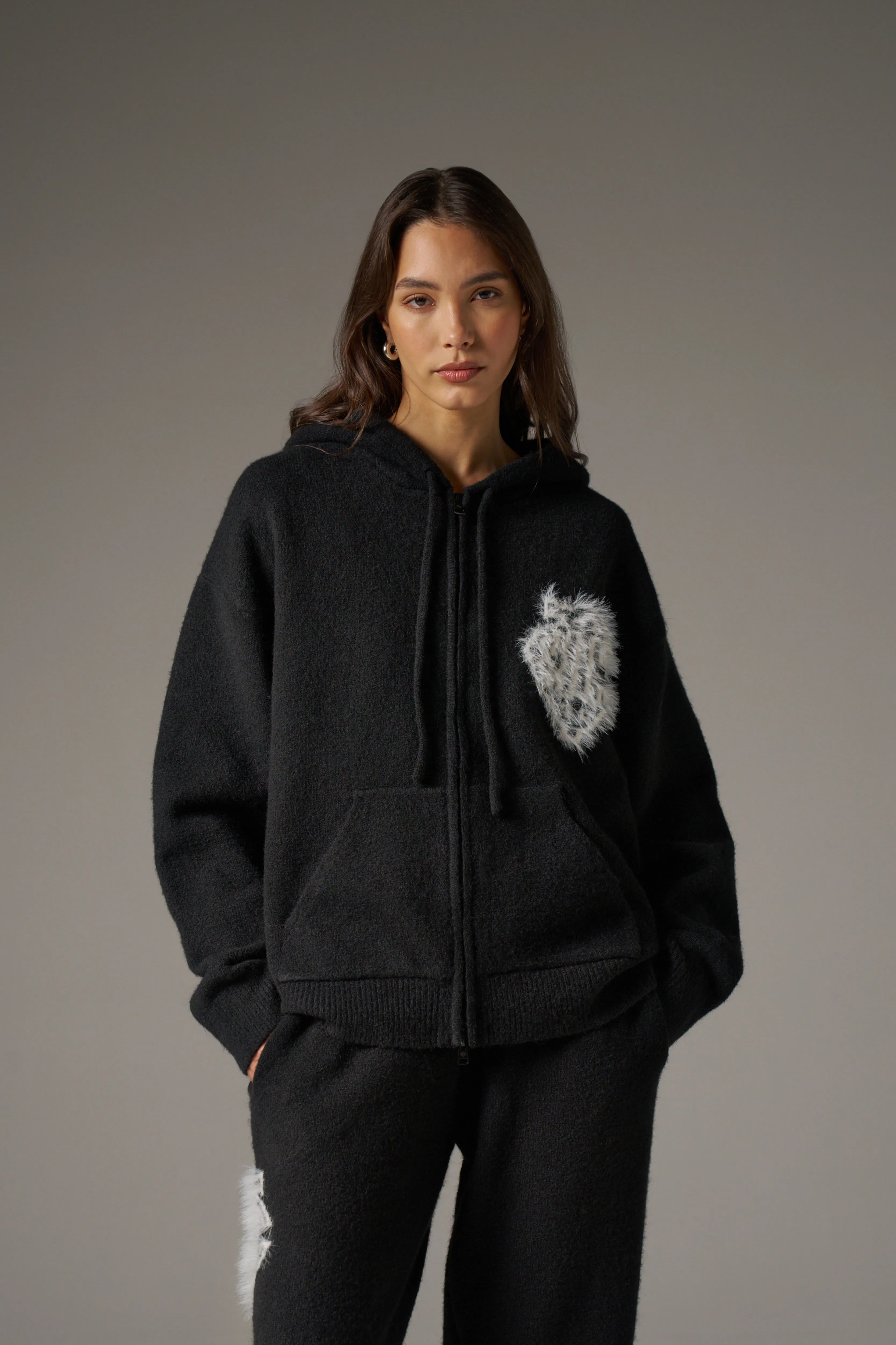MONOGRAM FLUFFY KNIT ZIP THROUGH HOODIE - BLACK sold by The Couture Club product image thumbnail 3