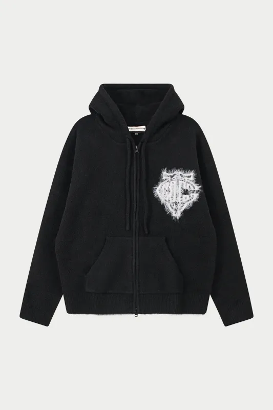 MONOGRAM FLUFFY KNIT ZIP THROUGH HOODIE - BLACK sold by The Couture Club