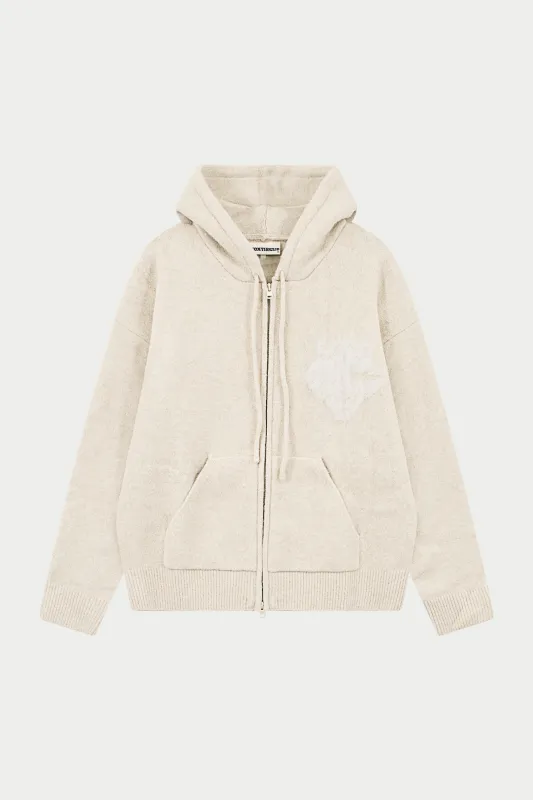 MONOGRAM FLUFFY KNIT ZIP THROUGH HOODIE - BEIGE sold by The Couture Club