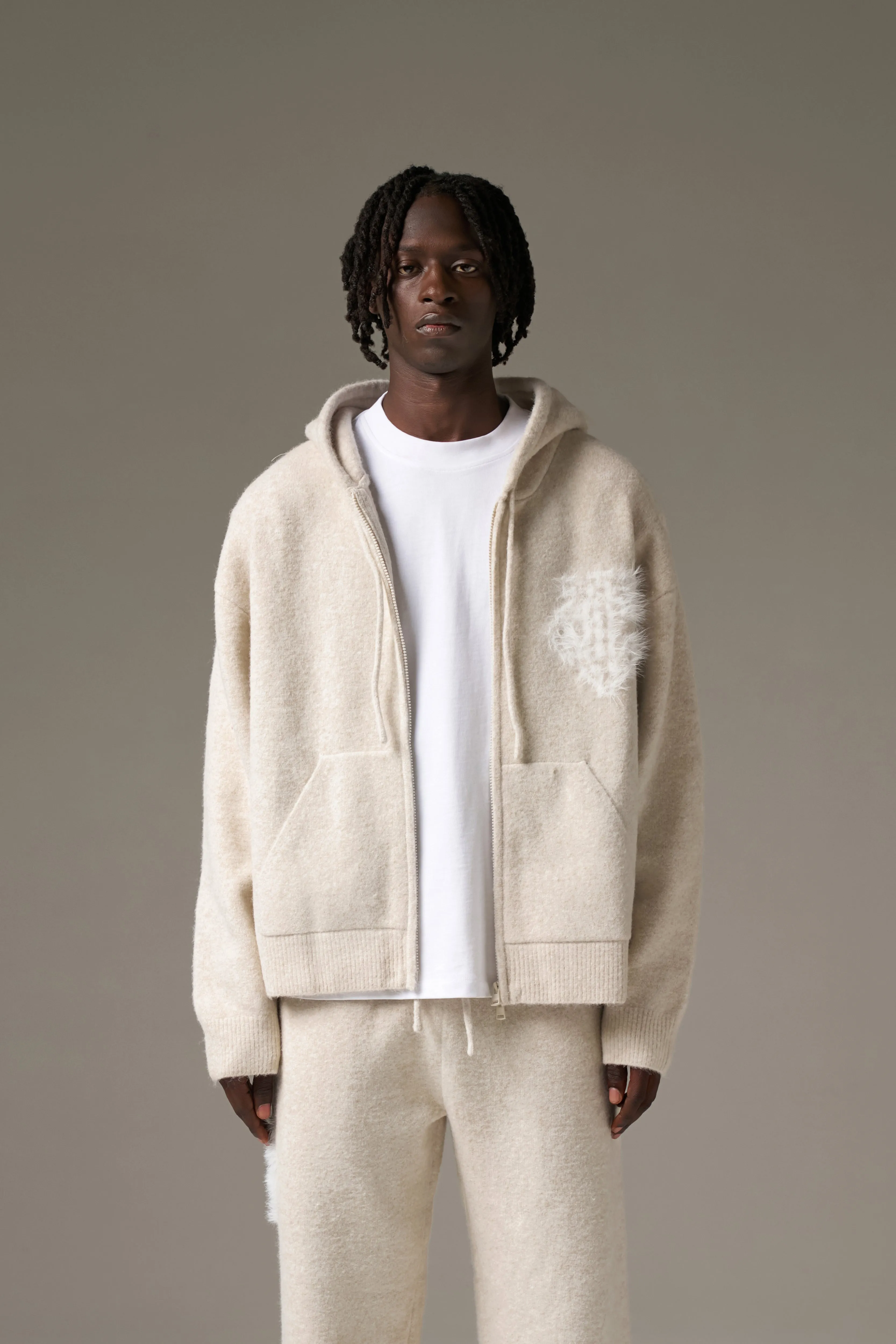MONOGRAM FLUFFY KNIT ZIP THROUGH HOODIE - BEIGE sold by The Couture Club product image thumbnail 2