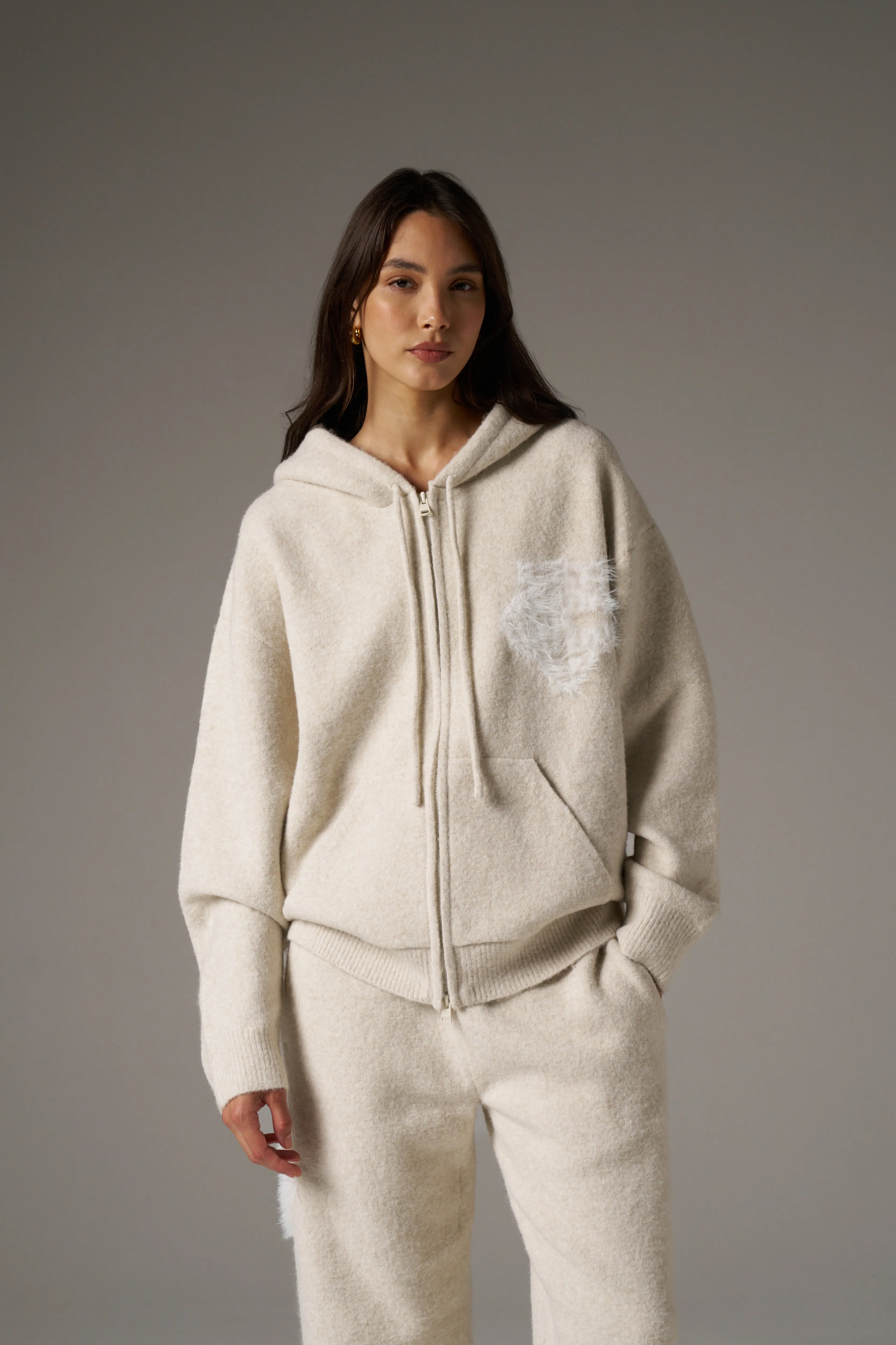 MONOGRAM FLUFFY KNIT ZIP THROUGH HOODIE - BEIGE sold by The Couture Club product image thumbnail 3