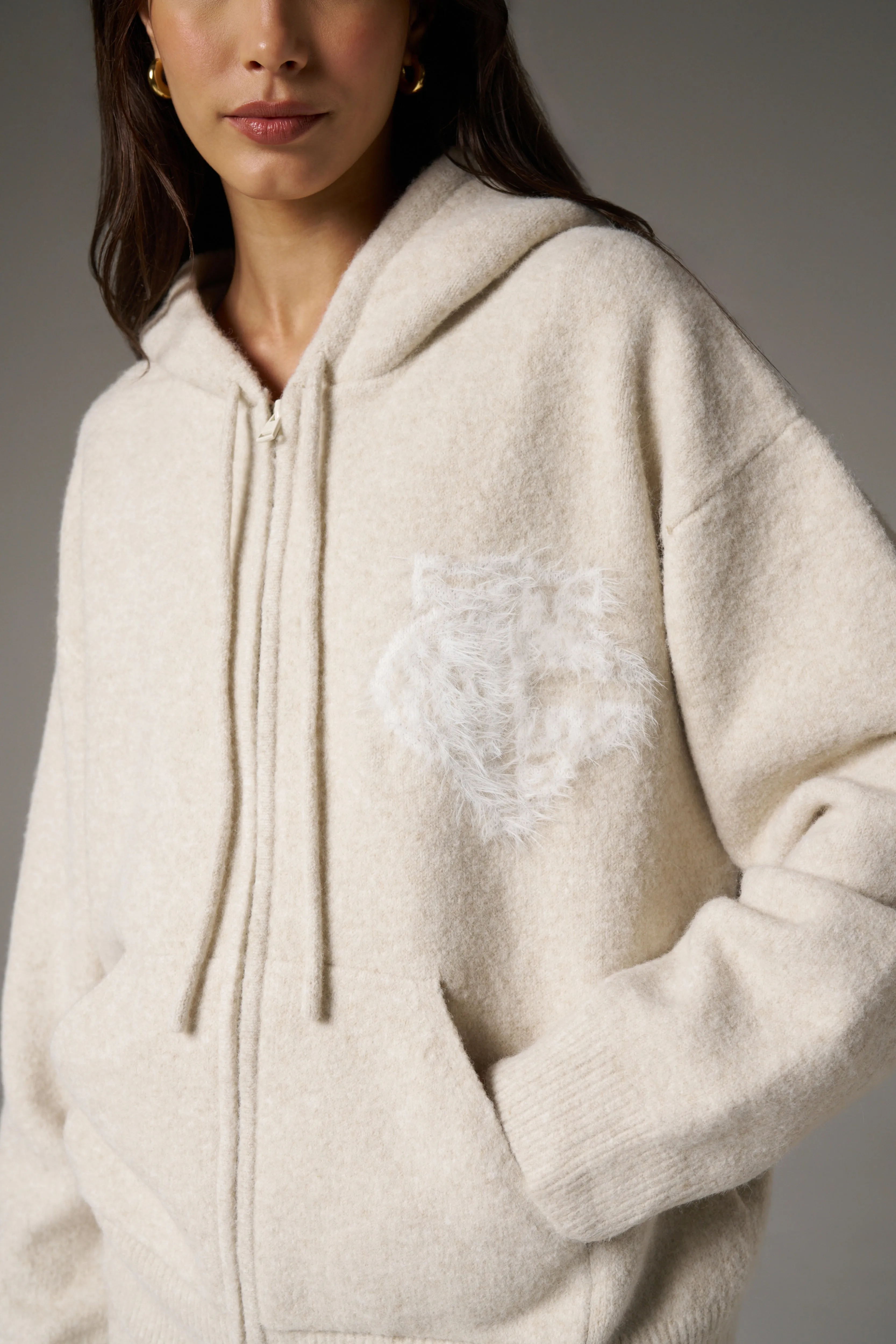 MONOGRAM FLUFFY KNIT ZIP THROUGH HOODIE - BEIGE sold by The Couture Club product image thumbnail 5