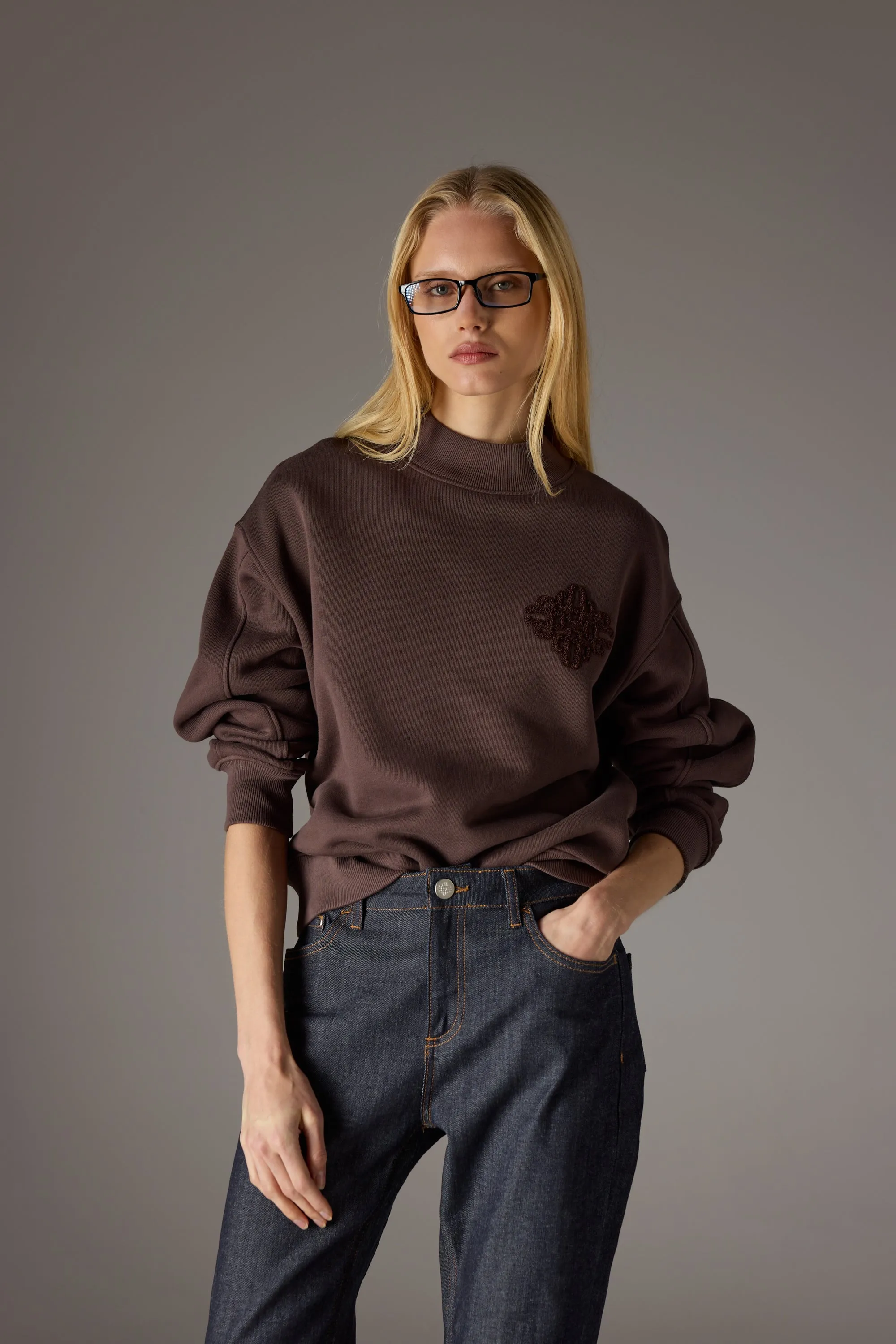 CHENILLE EMBLEM MOCK NECK CREW - CHOCOLATE sold by The Couture Club product image thumbnail 2