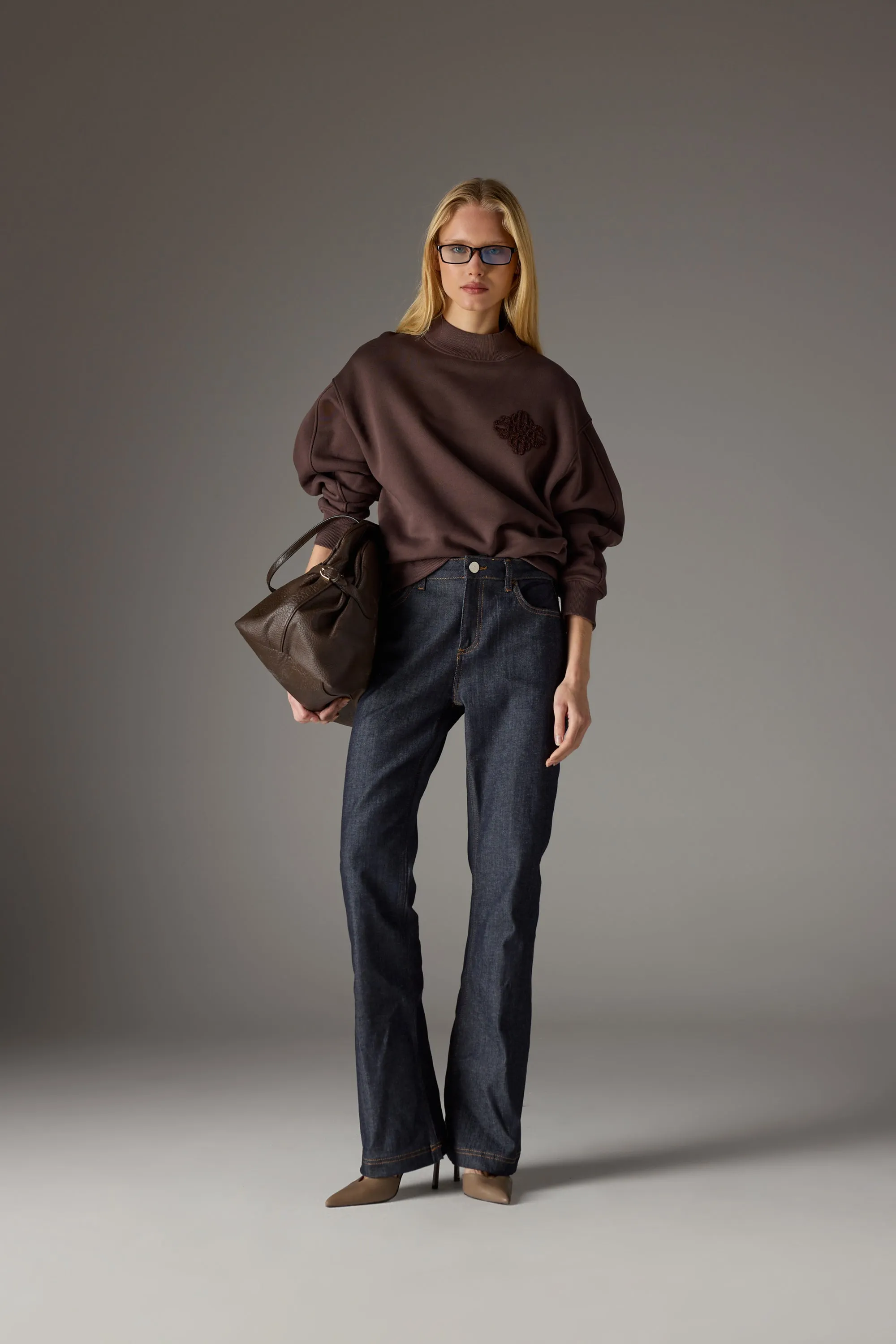CHENILLE EMBLEM MOCK NECK CREW - CHOCOLATE sold by The Couture Club product image thumbnail 3