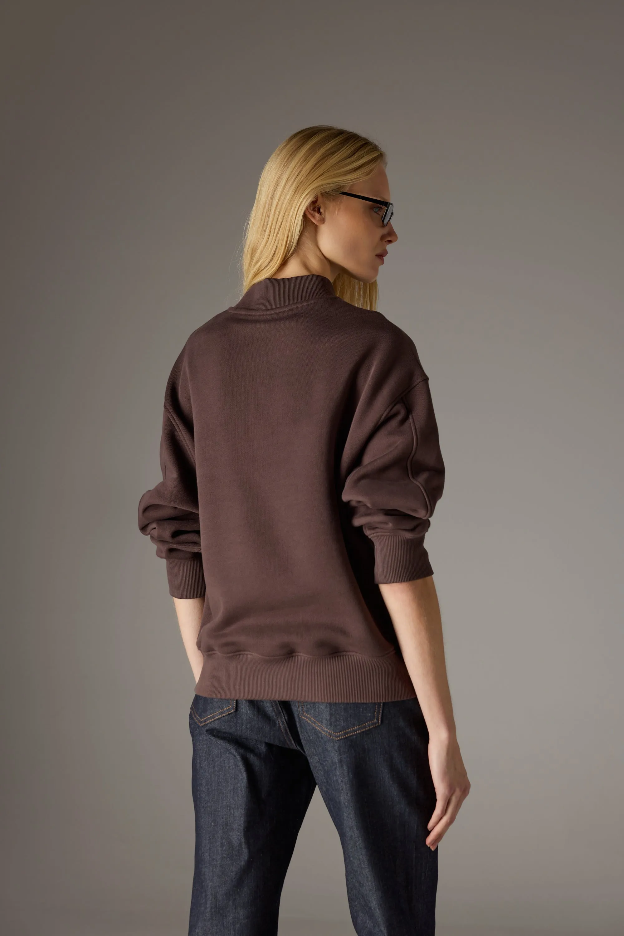 CHENILLE EMBLEM MOCK NECK CREW - CHOCOLATE sold by The Couture Club product image thumbnail 5
