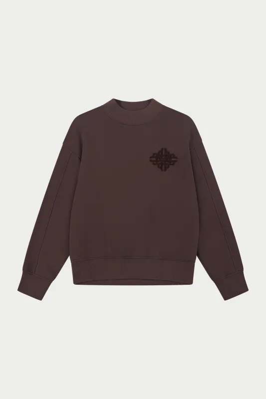 CHENILLE EMBLEM MOCK NECK CREW - CHOCOLATE made by The Couture Club