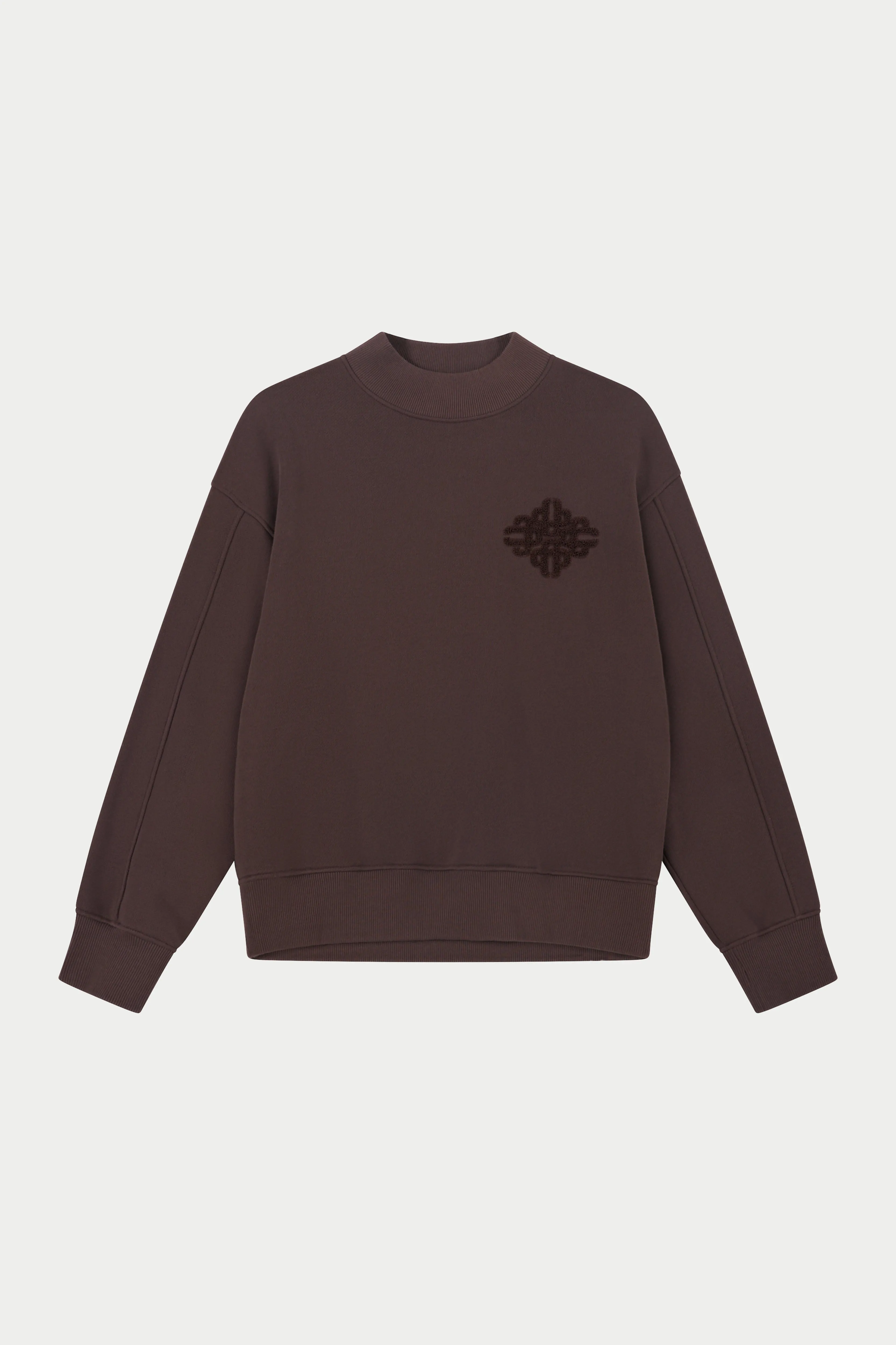 CHENILLE EMBLEM MOCK NECK CREW - CHOCOLATE sold by The Couture Club