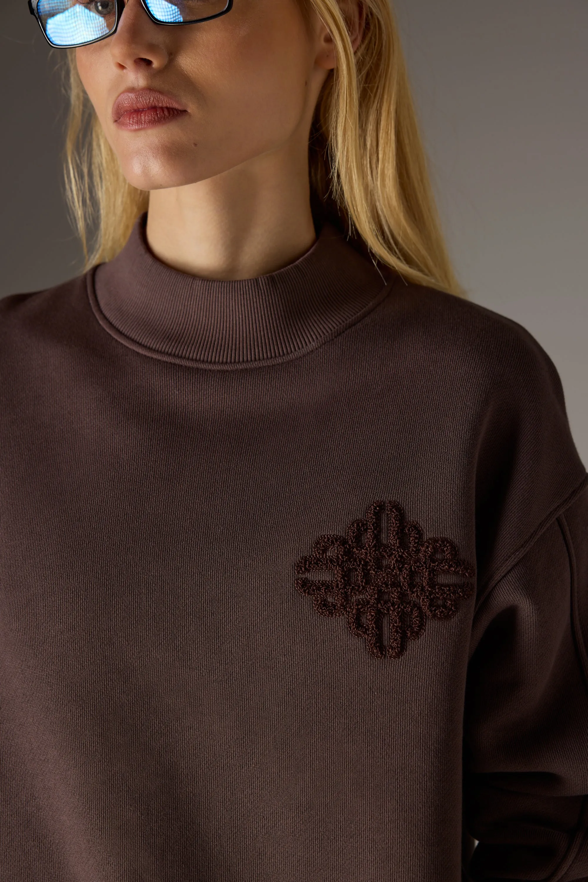 CHENILLE EMBLEM MOCK NECK CREW - CHOCOLATE sold by The Couture Club product image thumbnail 4