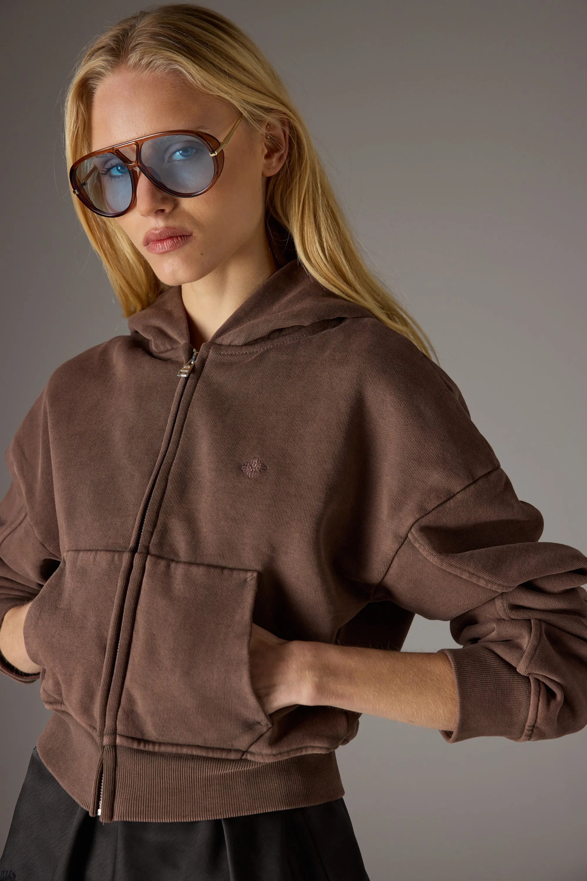 WASHED ZIP THROUGH CROPPED HOODIE - CHOCOLATE sold by The Couture Club product image thumbnail 4