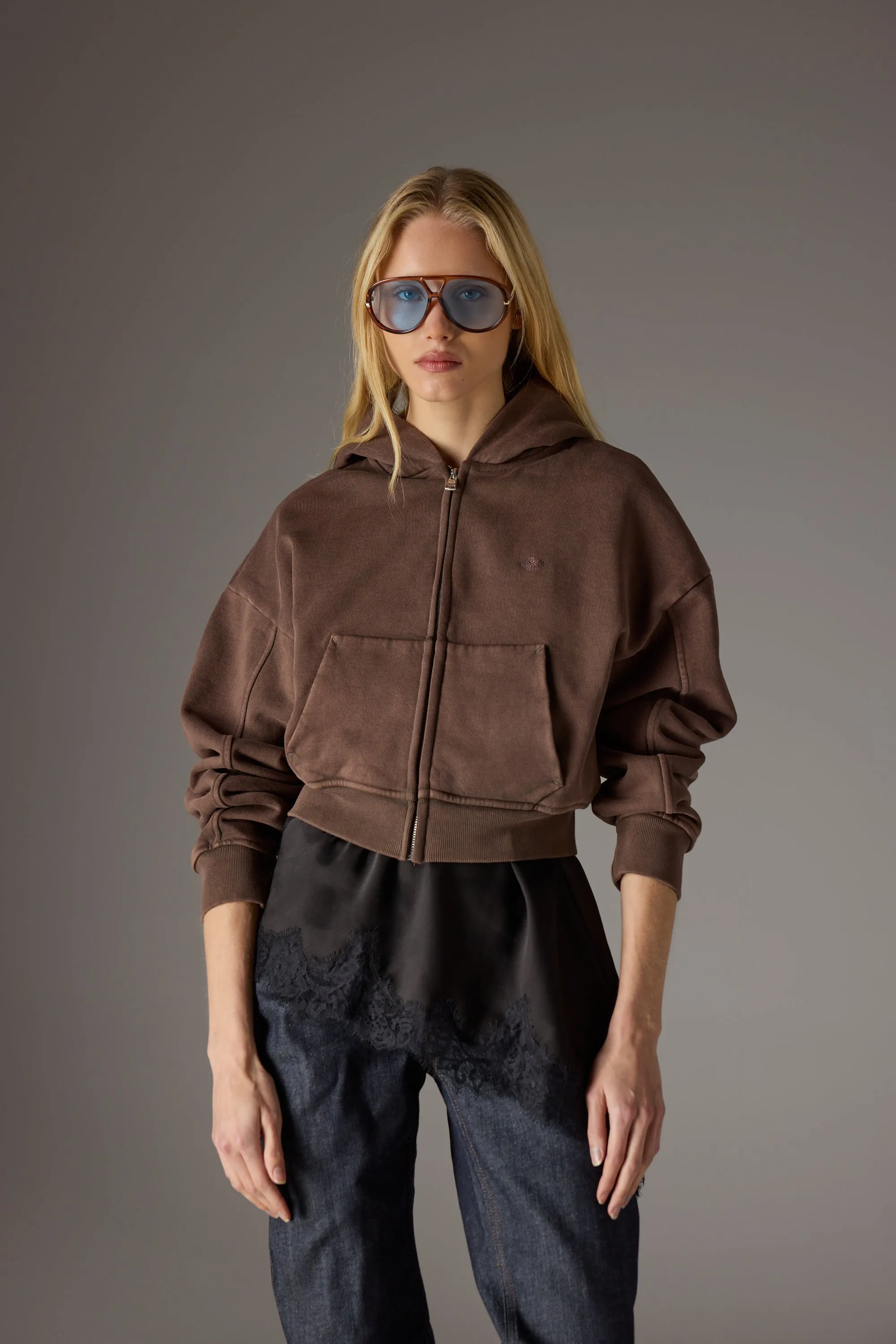 WASHED ZIP THROUGH CROPPED HOODIE - CHOCOLATE sold by The Couture Club product image thumbnail 2