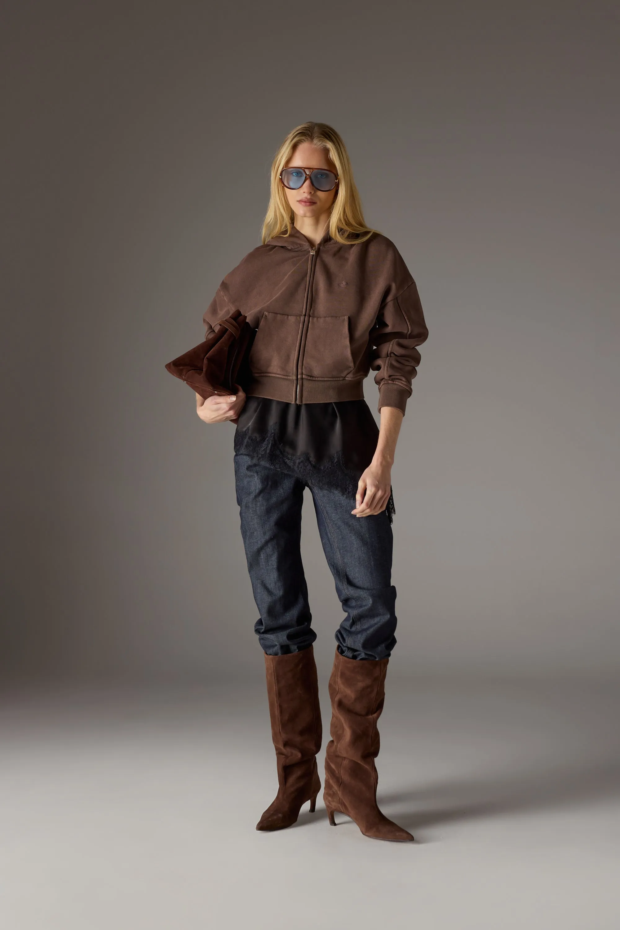 WASHED ZIP THROUGH CROPPED HOODIE - CHOCOLATE sold by The Couture Club product image thumbnail 3