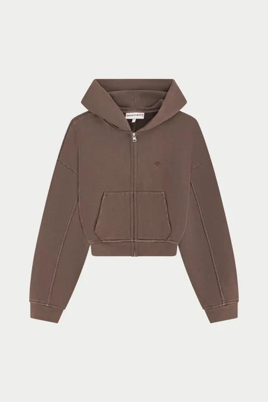 WASHED ZIP THROUGH CROPPED HOODIE - CHOCOLATE sold by The Couture Club