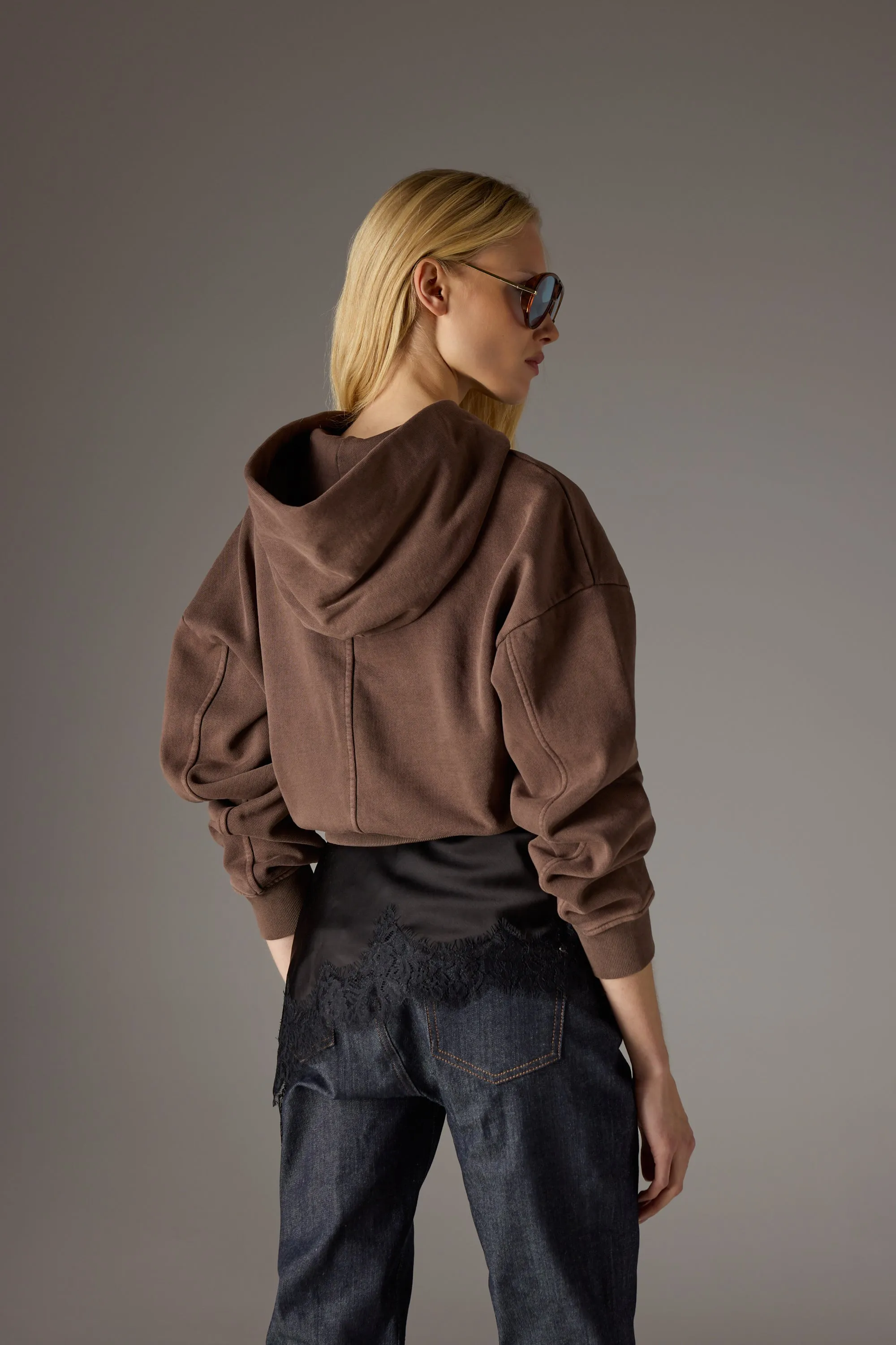 WASHED ZIP THROUGH CROPPED HOODIE - CHOCOLATE sold by The Couture Club product image thumbnail 5