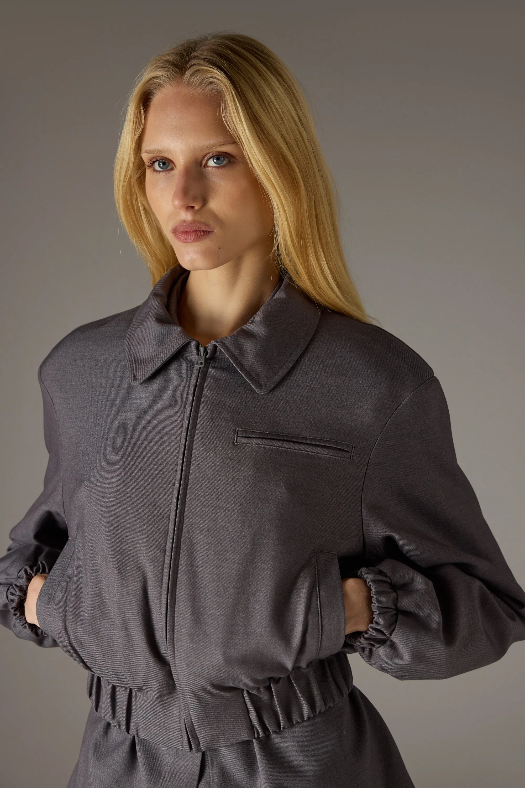 TAILORED SHOULDER PADDED BOMBER JACKET - GREY sold by The Couture Club product image thumbnail 3